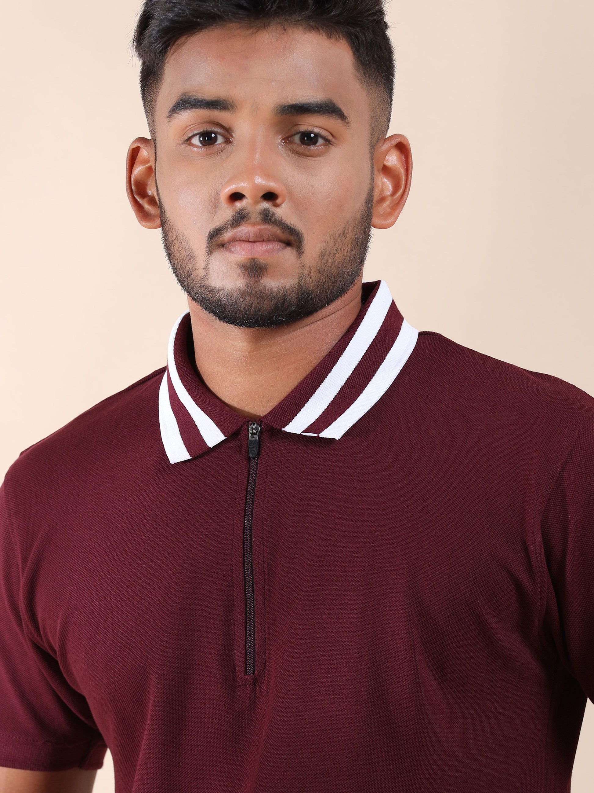 Plus White Striped Collar Sepia Maroon T Shirt for Men