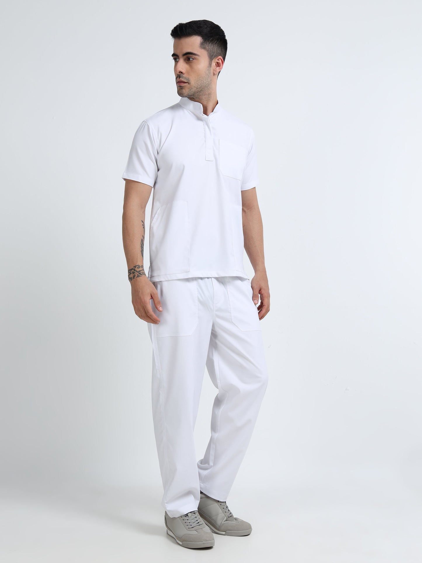 Men’s Snow White Medical Scrub Set – Mandarin Collar (Chinese Collar) Top & Straight Pants | 2-Way Stretch, Antibacterial & Wrinkle-Resistant – Apollo