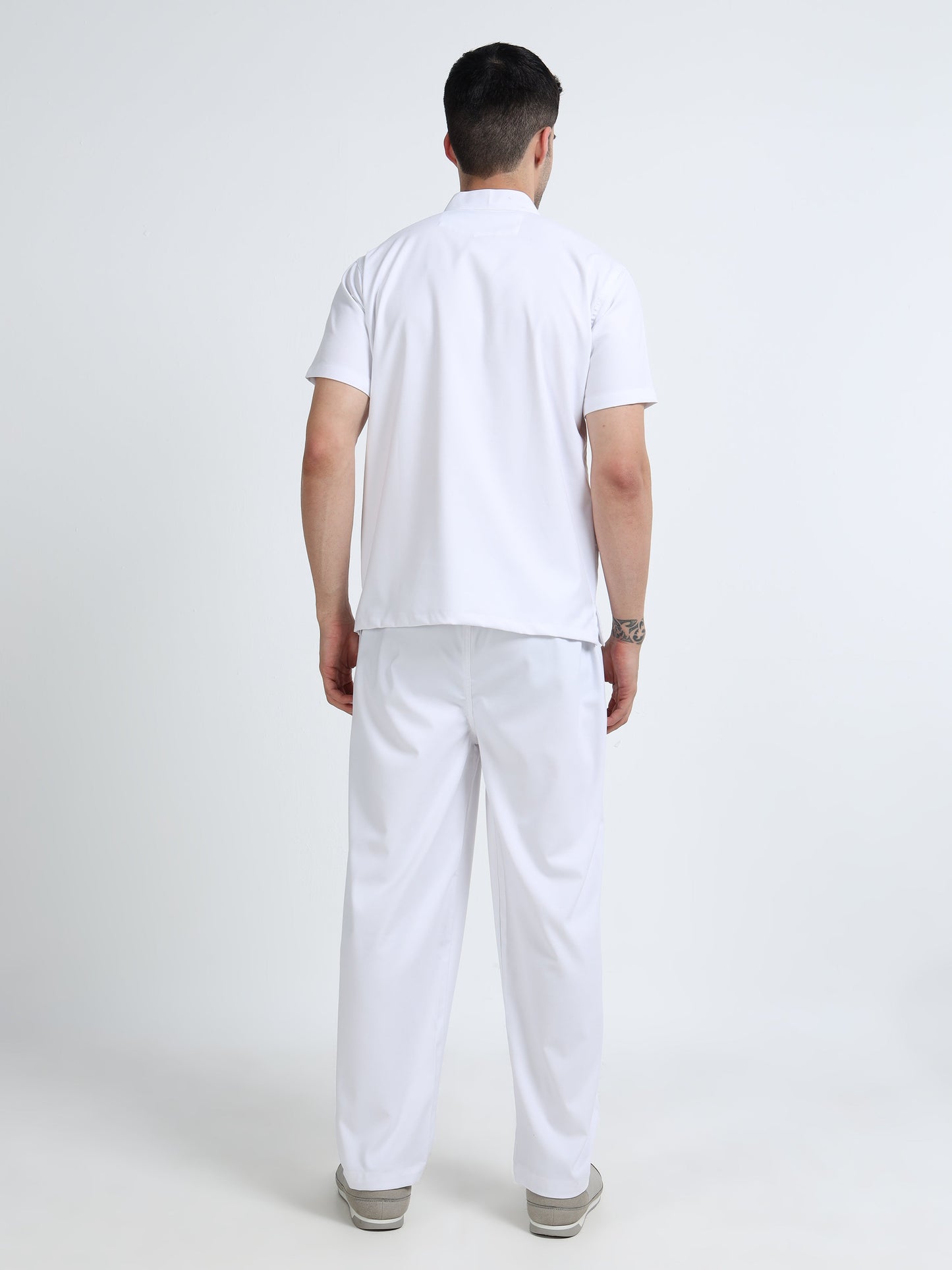 Men’s Snow White Medical Scrub Set – Mandarin Collar (Chinese Collar) Top & Straight Pants | 2-Way Stretch, Antibacterial & Wrinkle-Resistant – Apollo