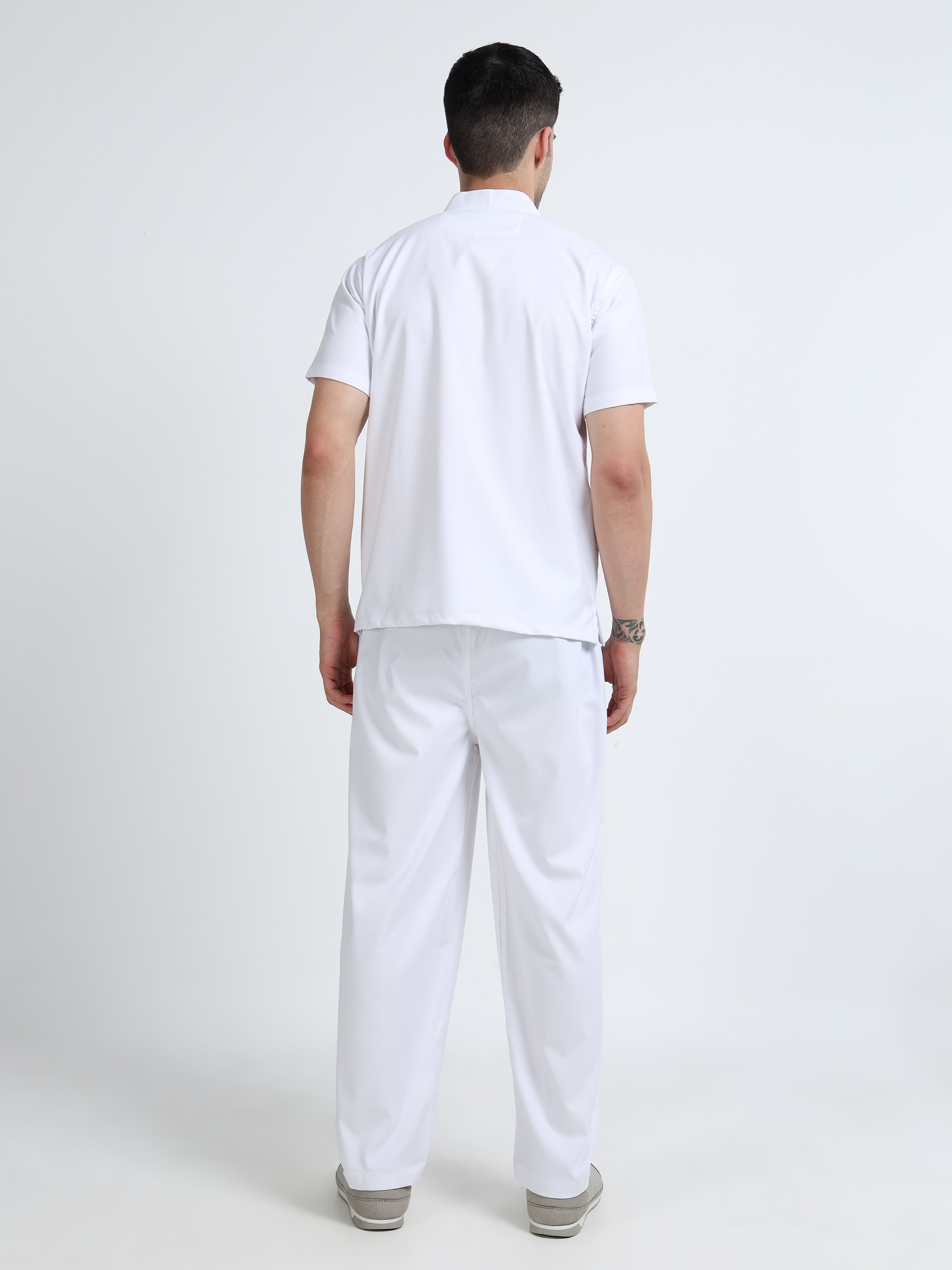 Men’s Snow White Medical Scrub Set – Mandarin Collar (Chinese Collar) Top & Straight Pants | 2-Way Stretch, Antibacterial & Wrinkle-Resistant – Apollo