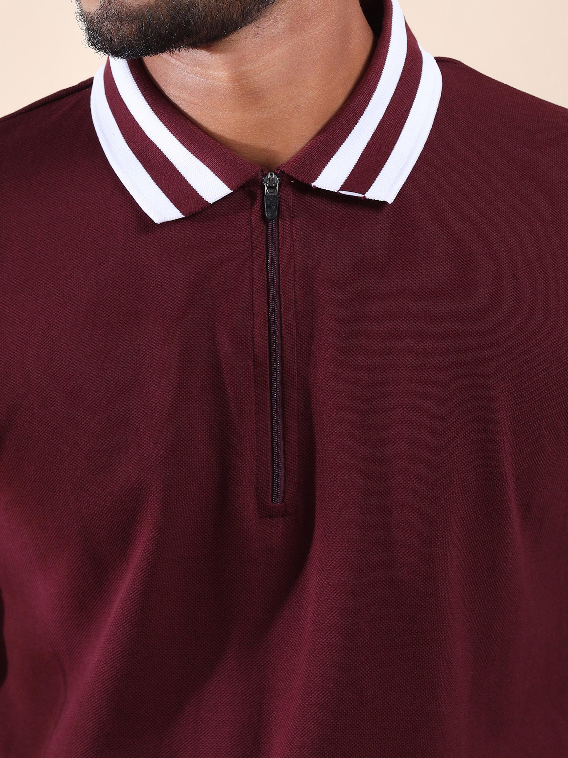 Plus White Striped Collar Sepia Maroon T Shirt for Men