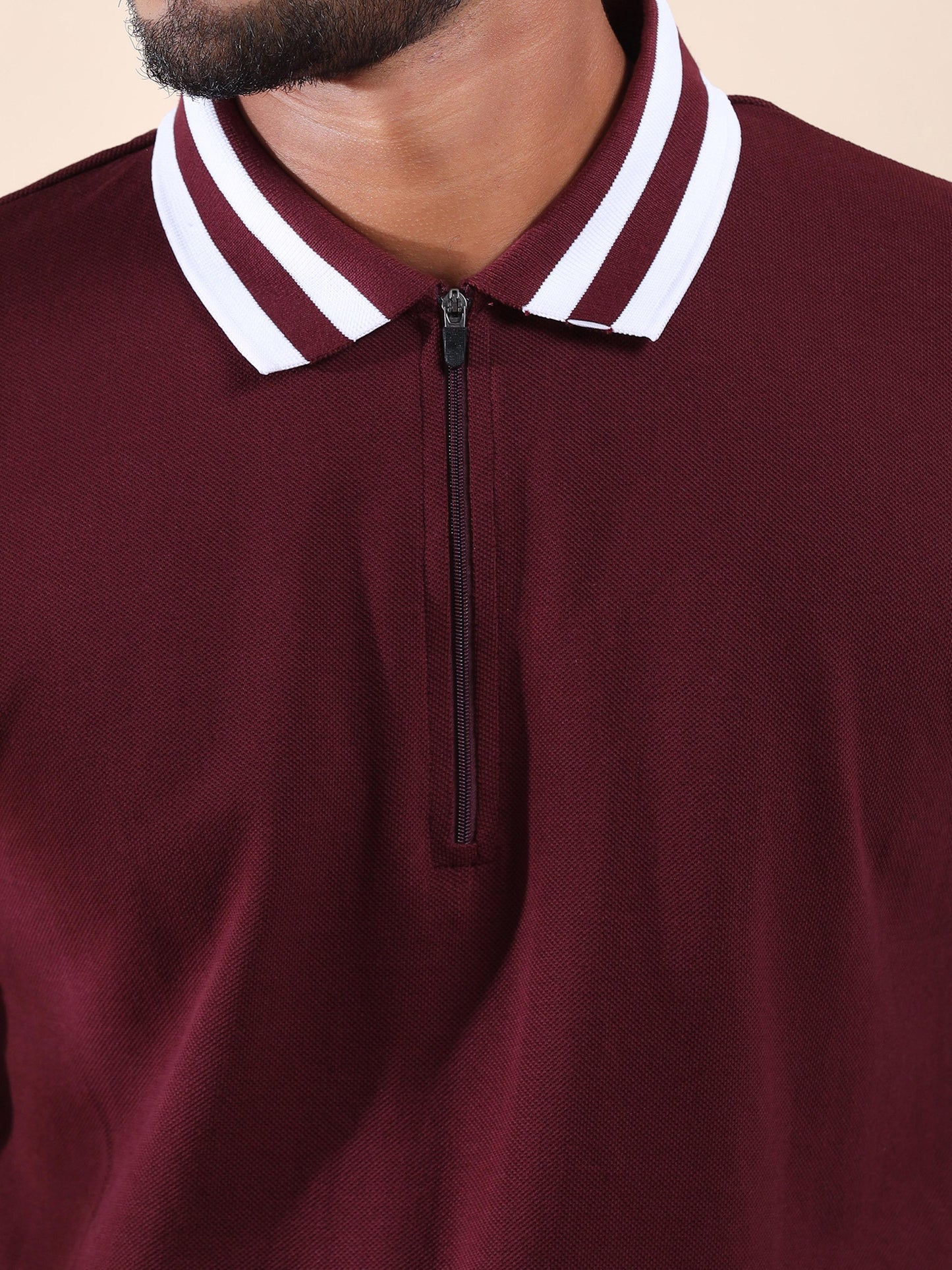 Plus Size White Striped Collar Sepia Maroon Pure Cotton Polo