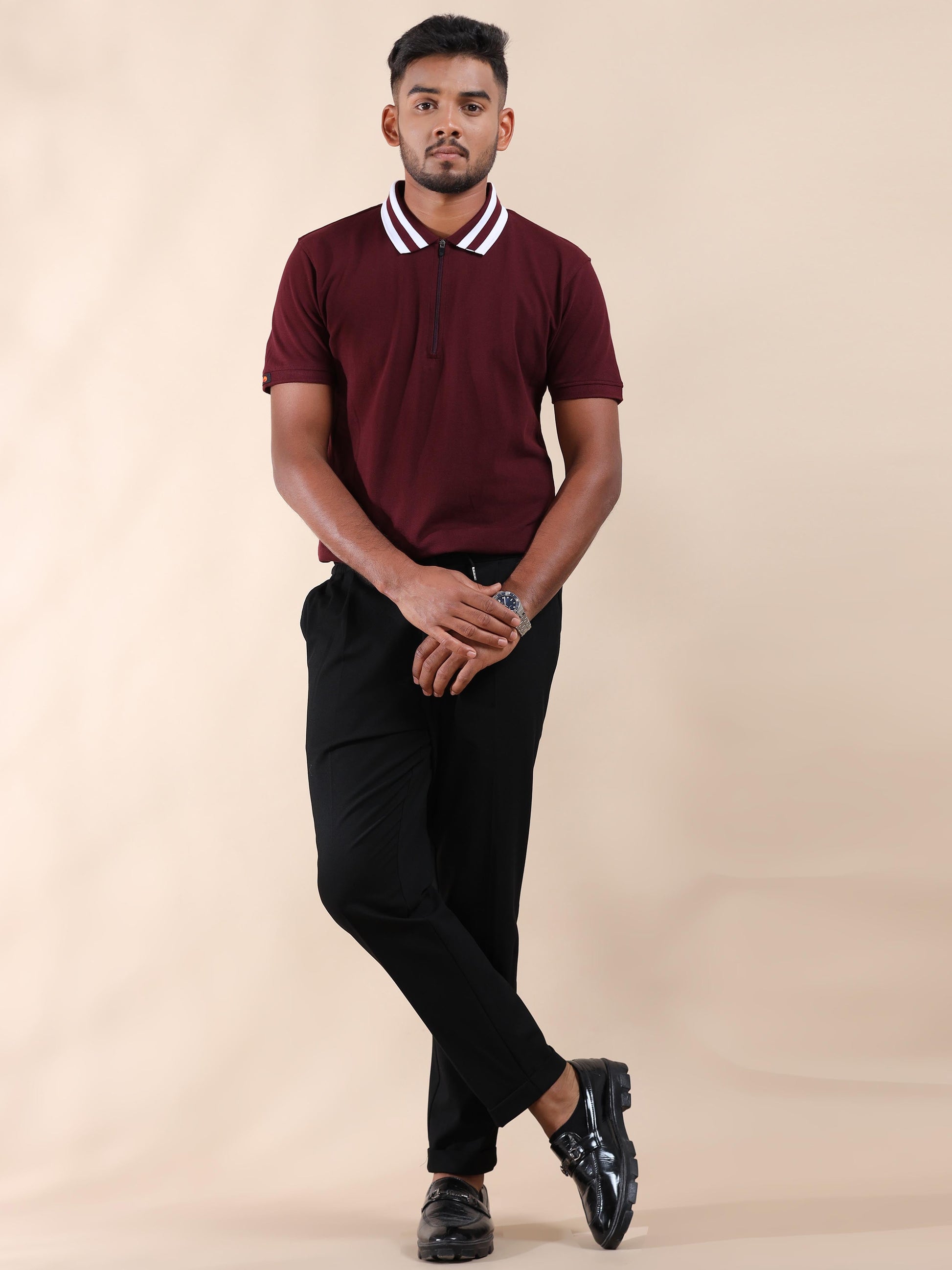 Plus White Striped Collar Sepia Maroon T Shirt for Men