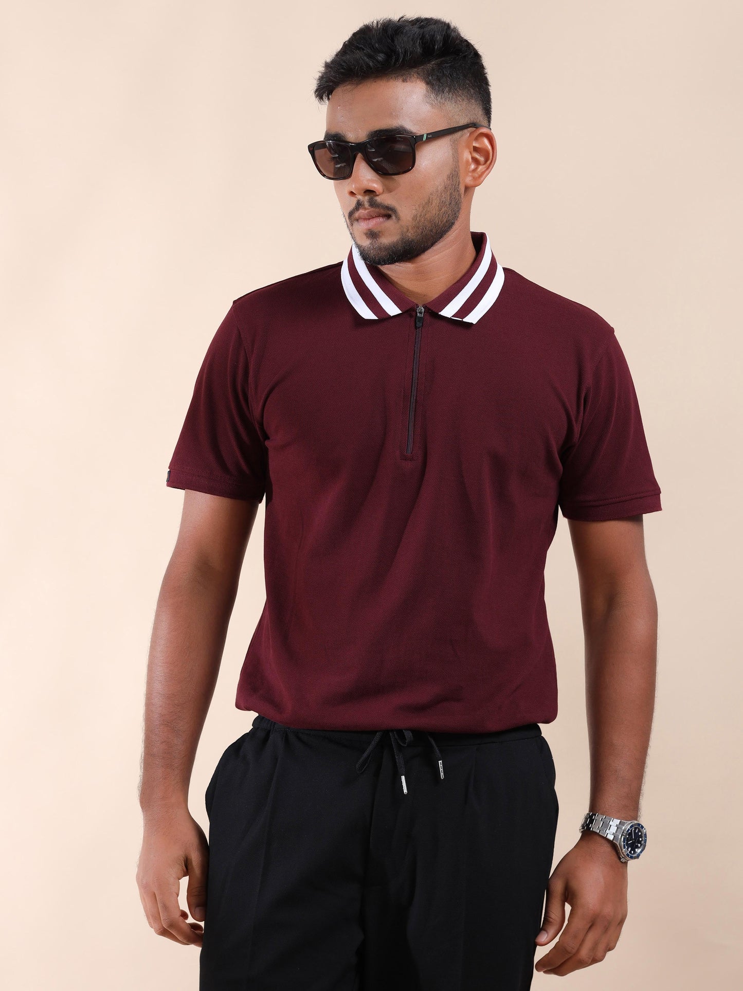 Plus White Striped Collar Sepia Maroon T Shirt for Men