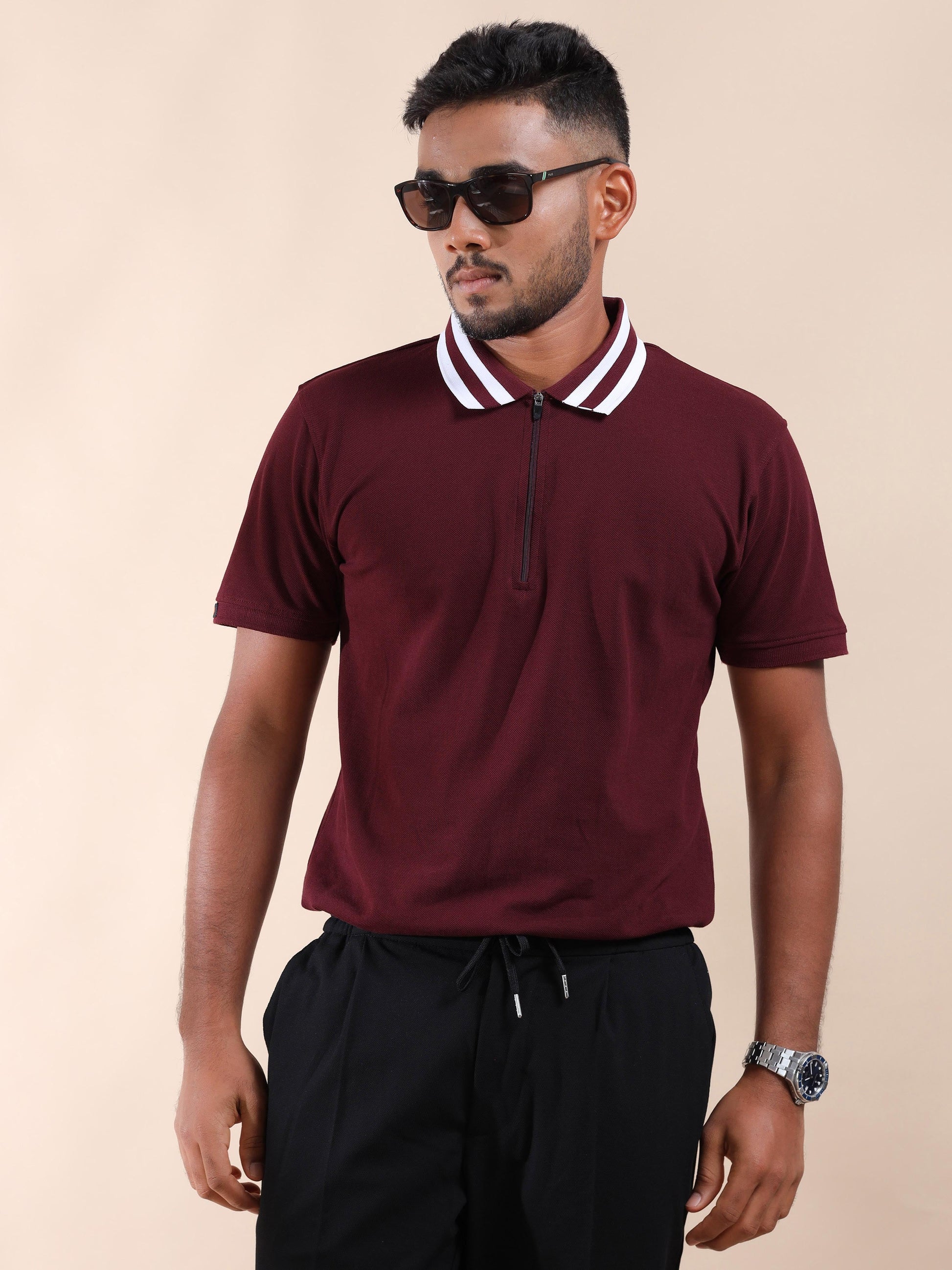 Plus White Striped Collar Sepia Maroon T Shirt for Men