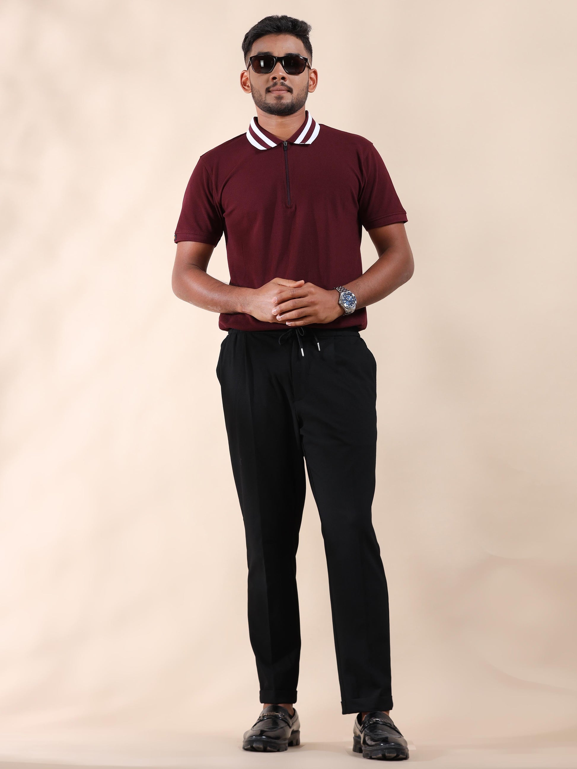 Plus White Striped Collar Sepia Maroon T Shirt for Men