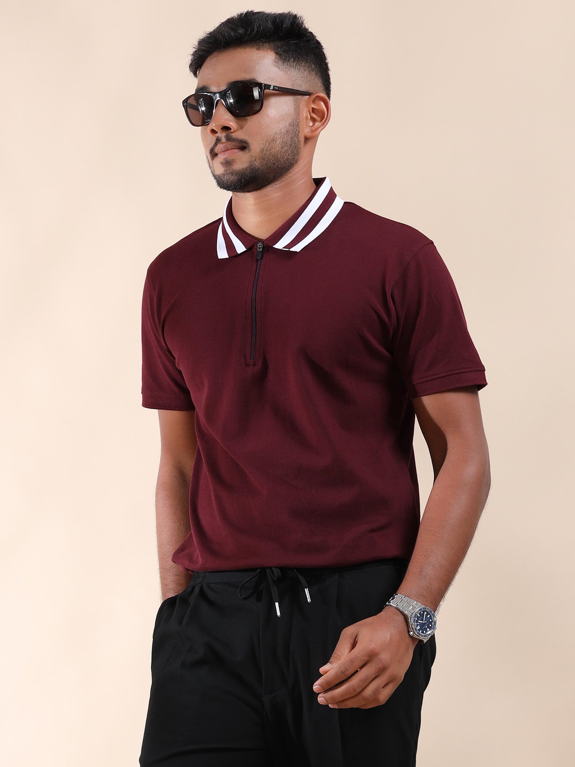 Plus White Striped Collar Sepia Maroon T Shirt for Men