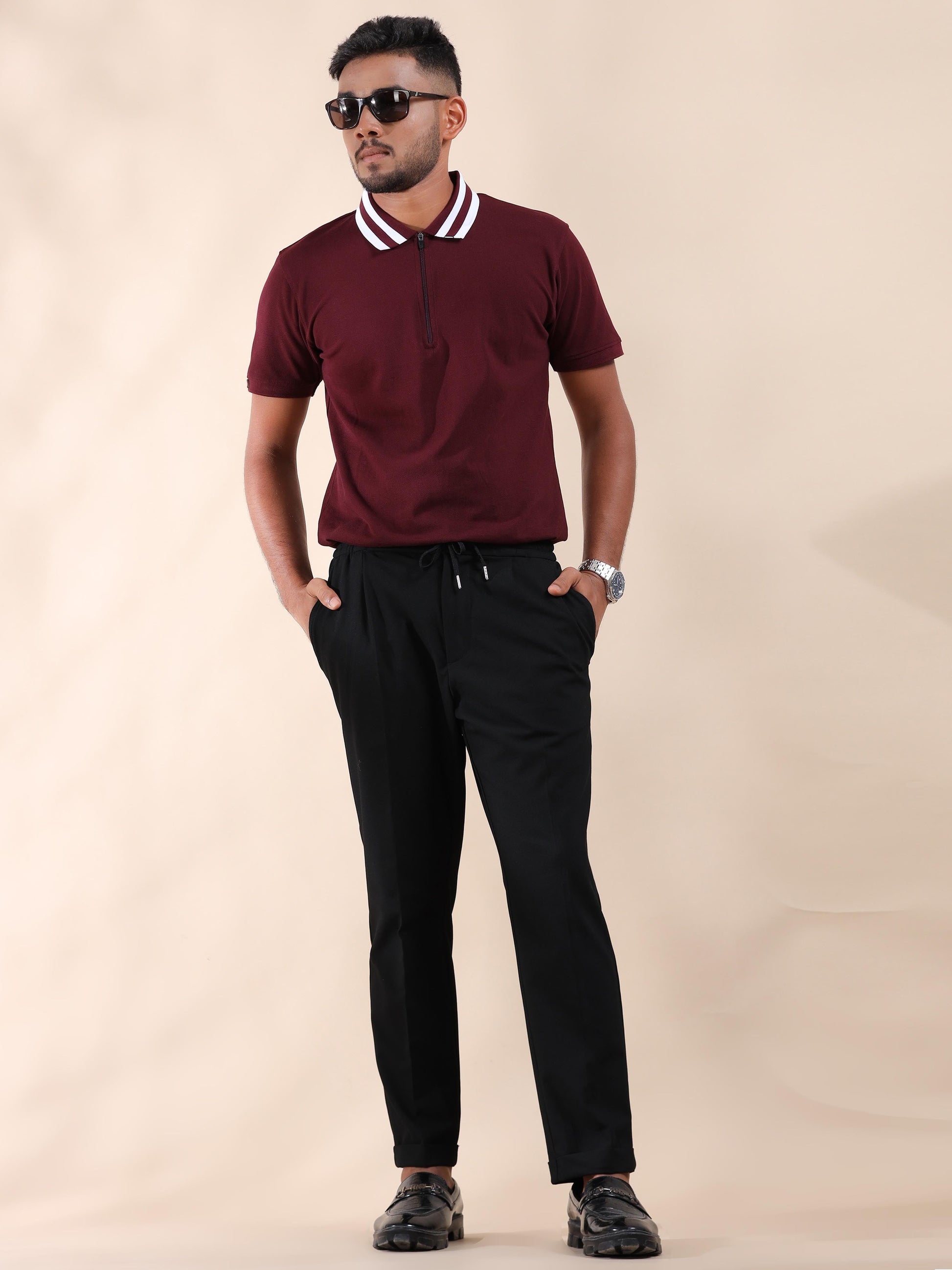Plus White Striped Collar Sepia Maroon T Shirt for Men