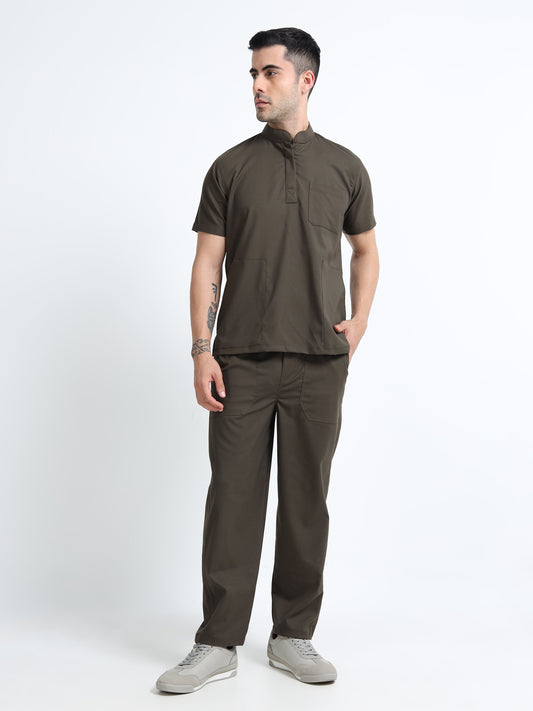 Men’s Olive Medical Scrub Set – Mandarin Collar (Chinese Collar) Top & Straight Pants | Wrinkle-Resistant – Eco Flex