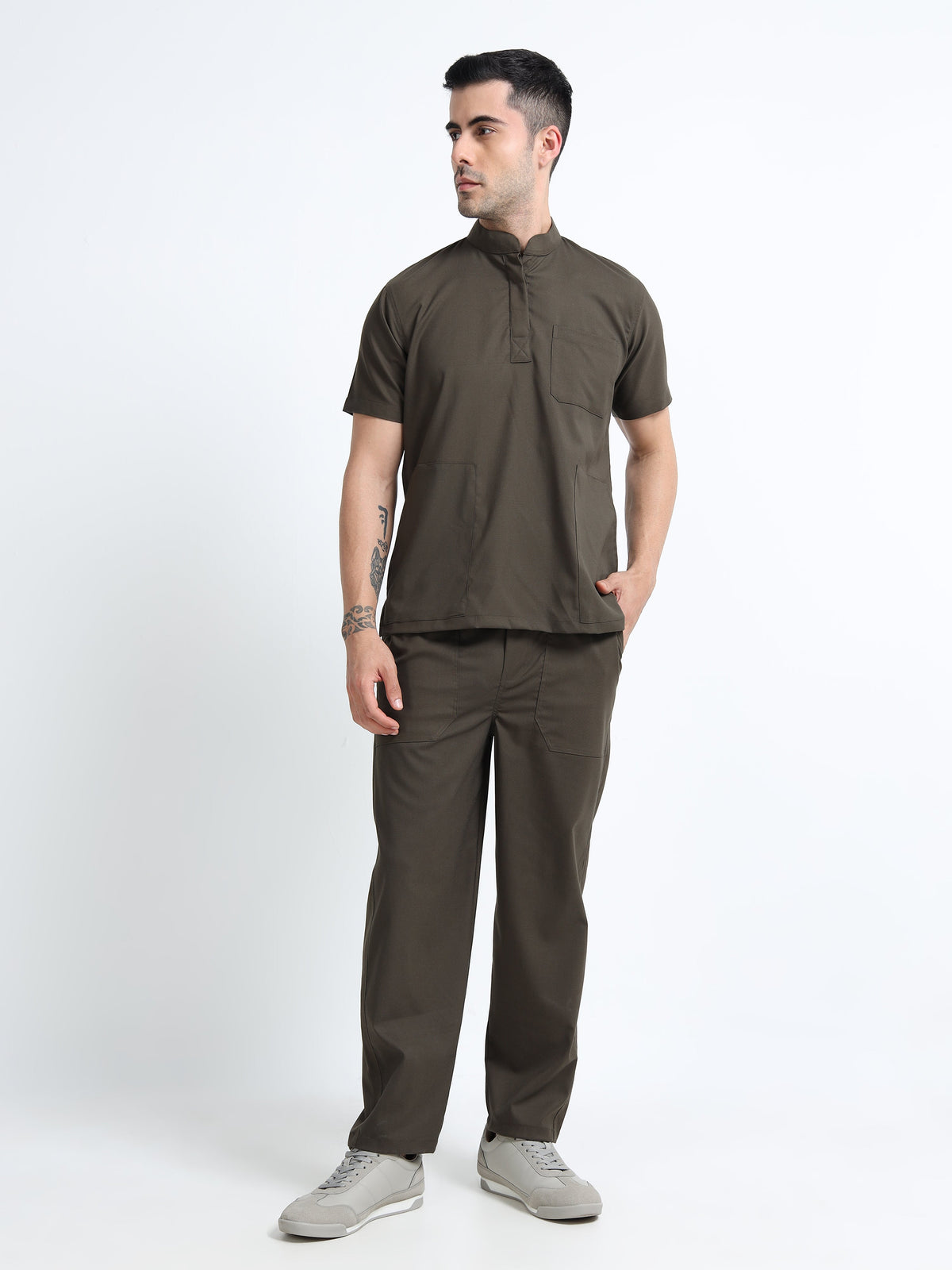 Men’s Olive Medical Scrub Set – Mandarin Collar (Chinese Collar) Top & Straight Pants | Wrinkle-Resistant – Eco Flex