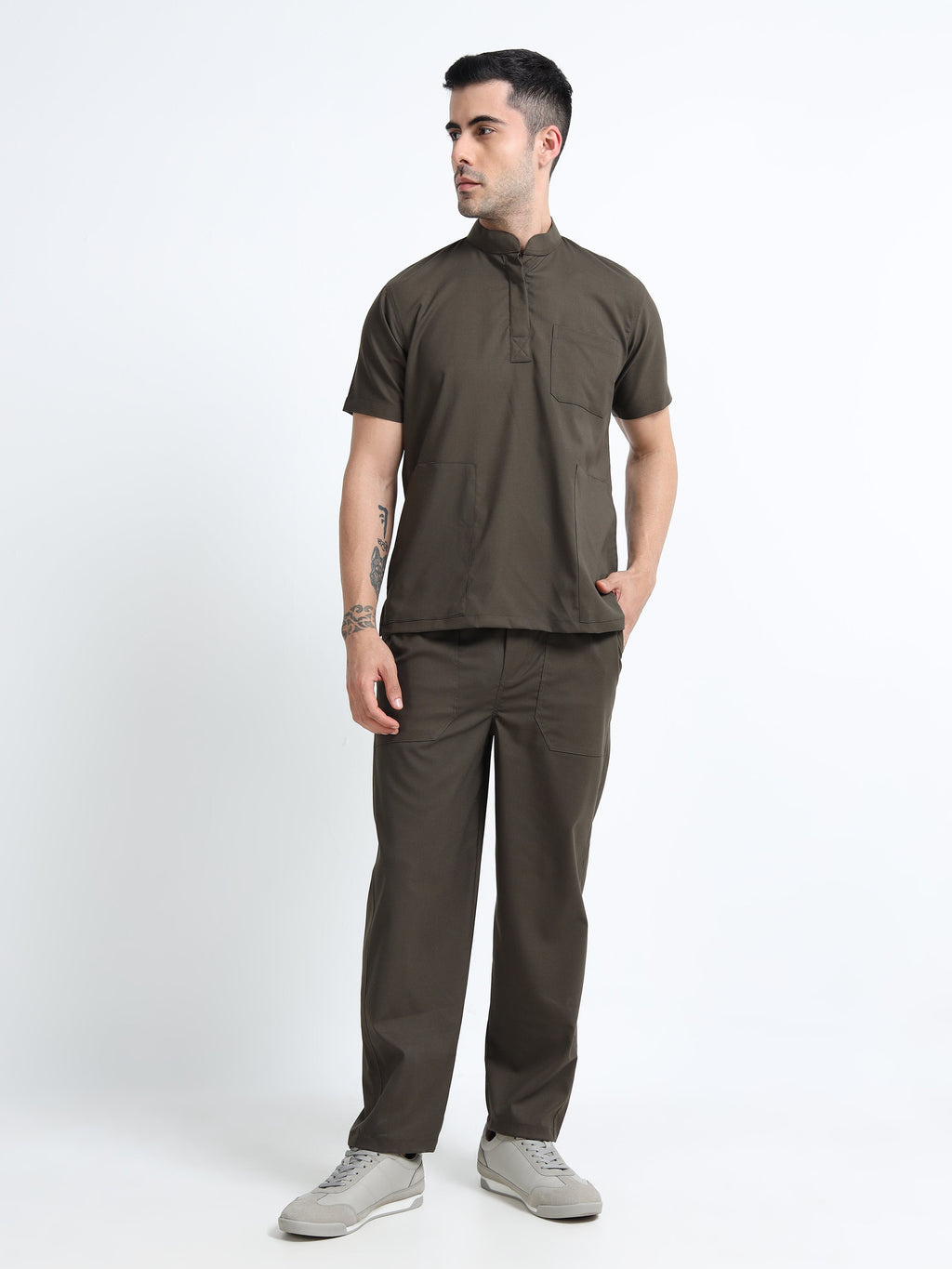 Men’s Olive Medical Scrub Set – Mandarin Collar (Chinese Collar) Top & Straight Pants | 2-Way Stretch, Antibacterial & Wrinkle-Resistant – Apollo