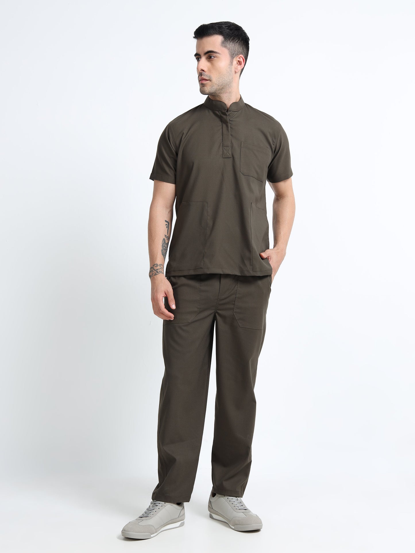 Men’s Olive Medical Scrub Set – Mandarin Collar (Chinese Collar) Top & Straight Pants | 2-Way Stretch, Antibacterial & Wrinkle-Resistant – Apollo