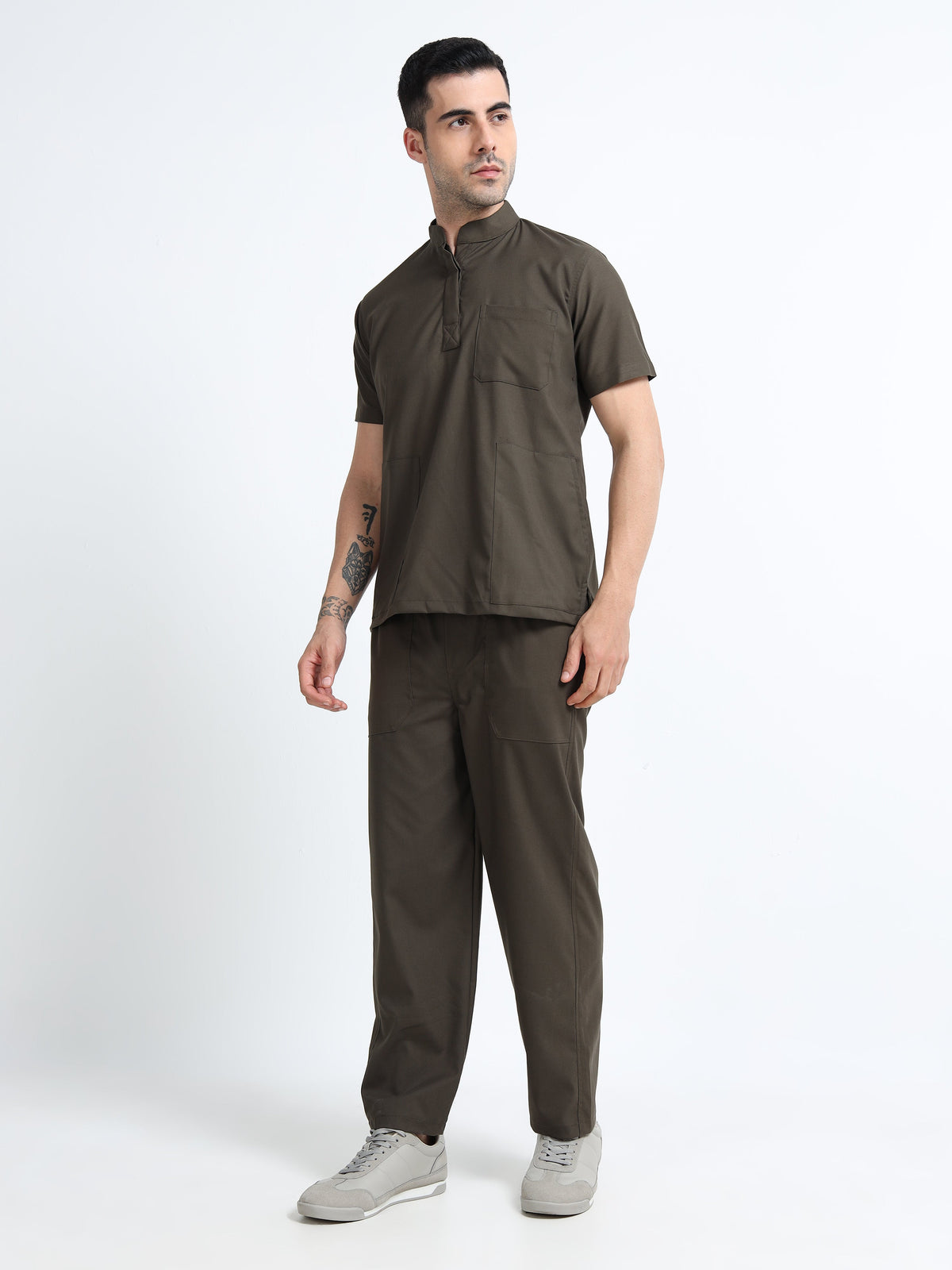 Men’s Olive Medical Scrub Set – Mandarin Collar (Chinese Collar) Top & Straight Pants | 2-Way Stretch, Antibacterial & Wrinkle-Resistant – Apollo