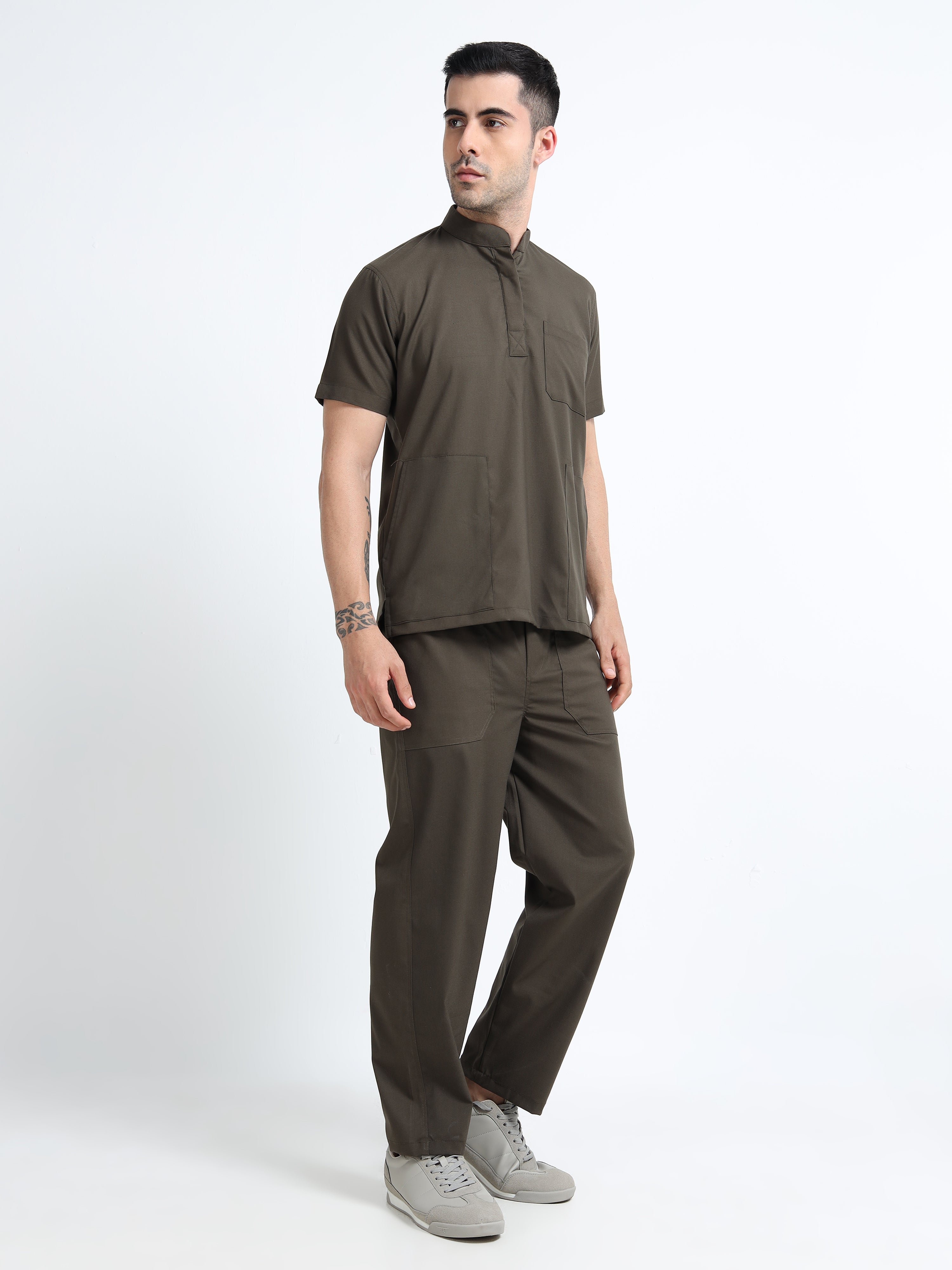 Men’s Olive Medical Scrub Set – Mandarin Collar (Chinese Collar) Top & Straight Pants | 2-Way Stretch, Antibacterial & Wrinkle-Resistant – Apollo