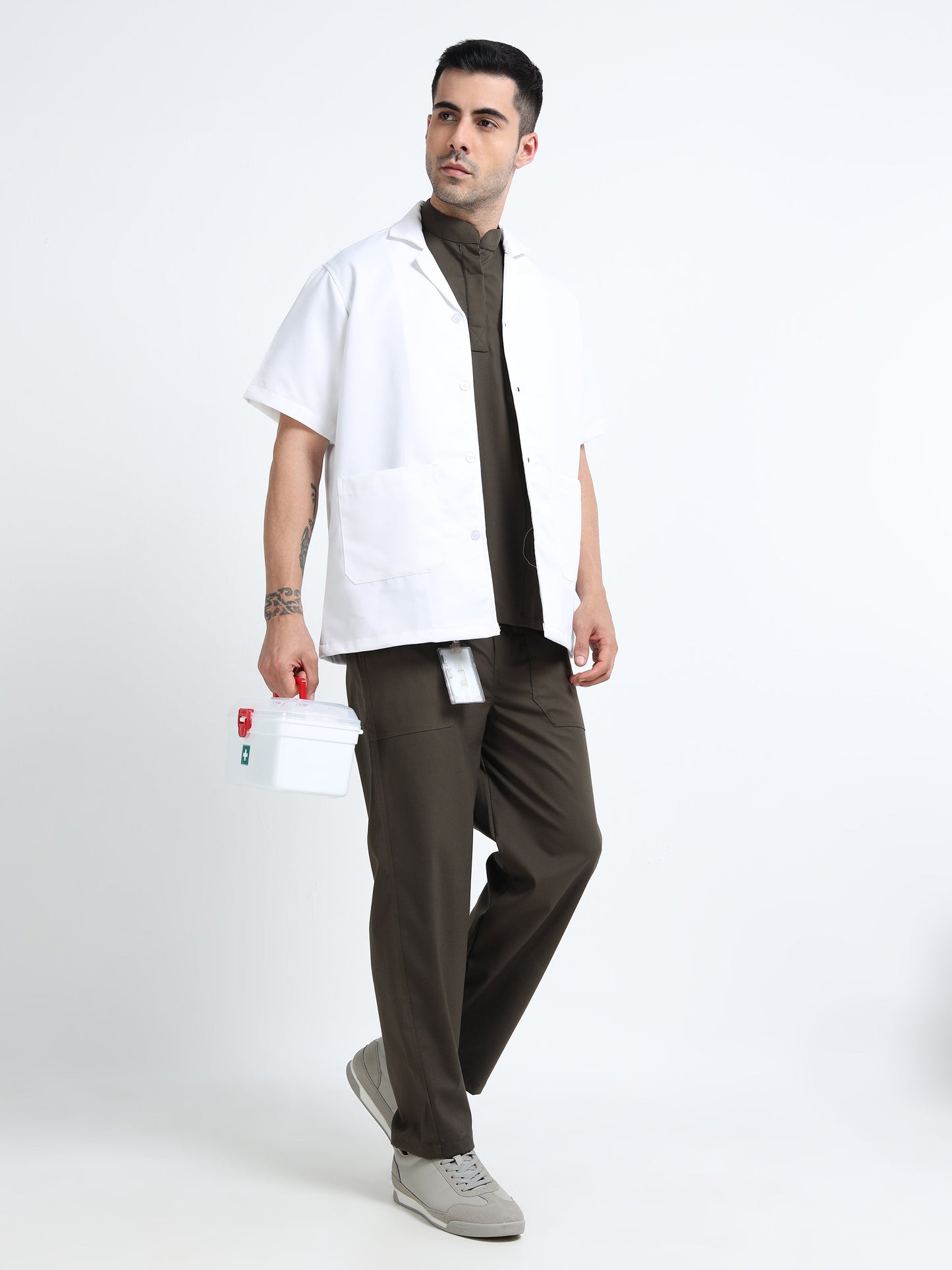 Men’s Olive Medical Scrub Set – Mandarin Collar (Chinese Collar) Top & Straight Pants | 2-Way Stretch, Antibacterial & Wrinkle-Resistant – Apollo