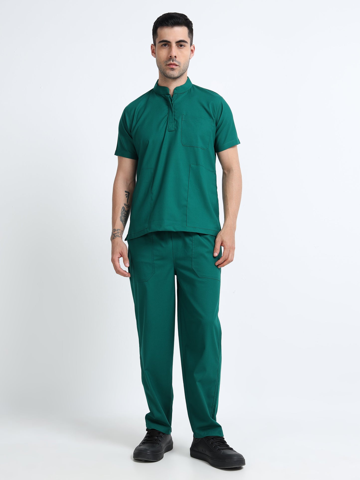 Men’s Forest Green Medical Scrub Set – Mandarin Collar (Chinese Collar) Top & Straight Pants | 2-Way Stretch, Antibacterial & Wrinkle-Resistant – Apollo
