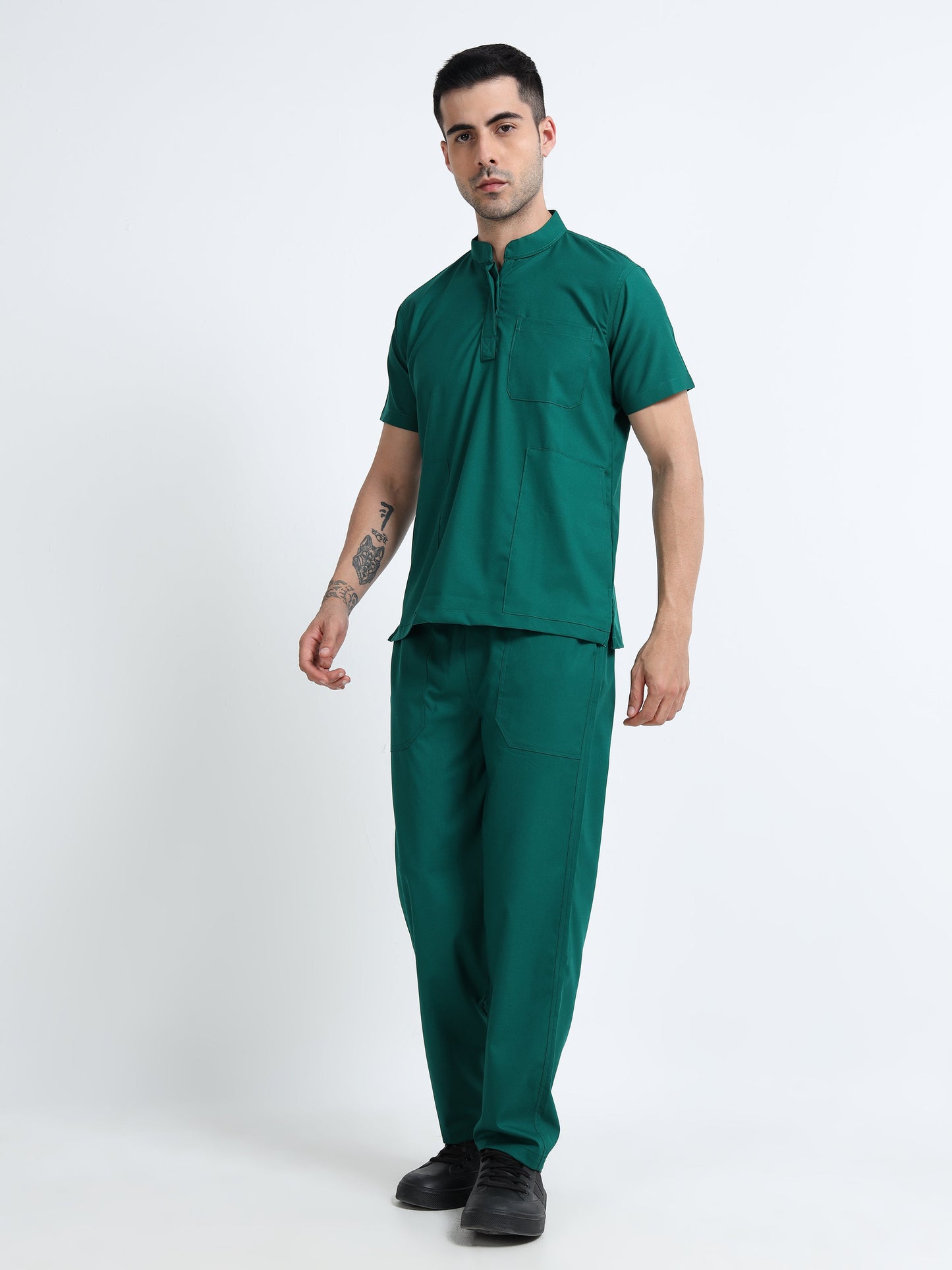 Men’s Forest Green Medical Scrub Set – Mandarin Collar (Chinese Collar) Top & Straight Pants | 2-Way Stretch, Antibacterial & Wrinkle-Resistant – Apollo