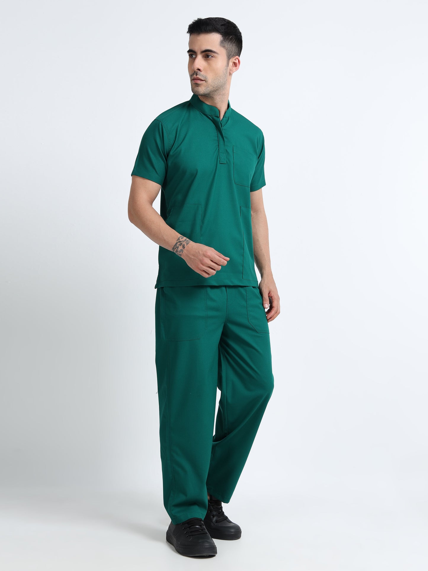 Men’s Forest Green Medical Scrub Set – Mandarin Collar (Chinese Collar) Top & Straight Pants | 2-Way Stretch, Antibacterial & Wrinkle-Resistant – Apollo