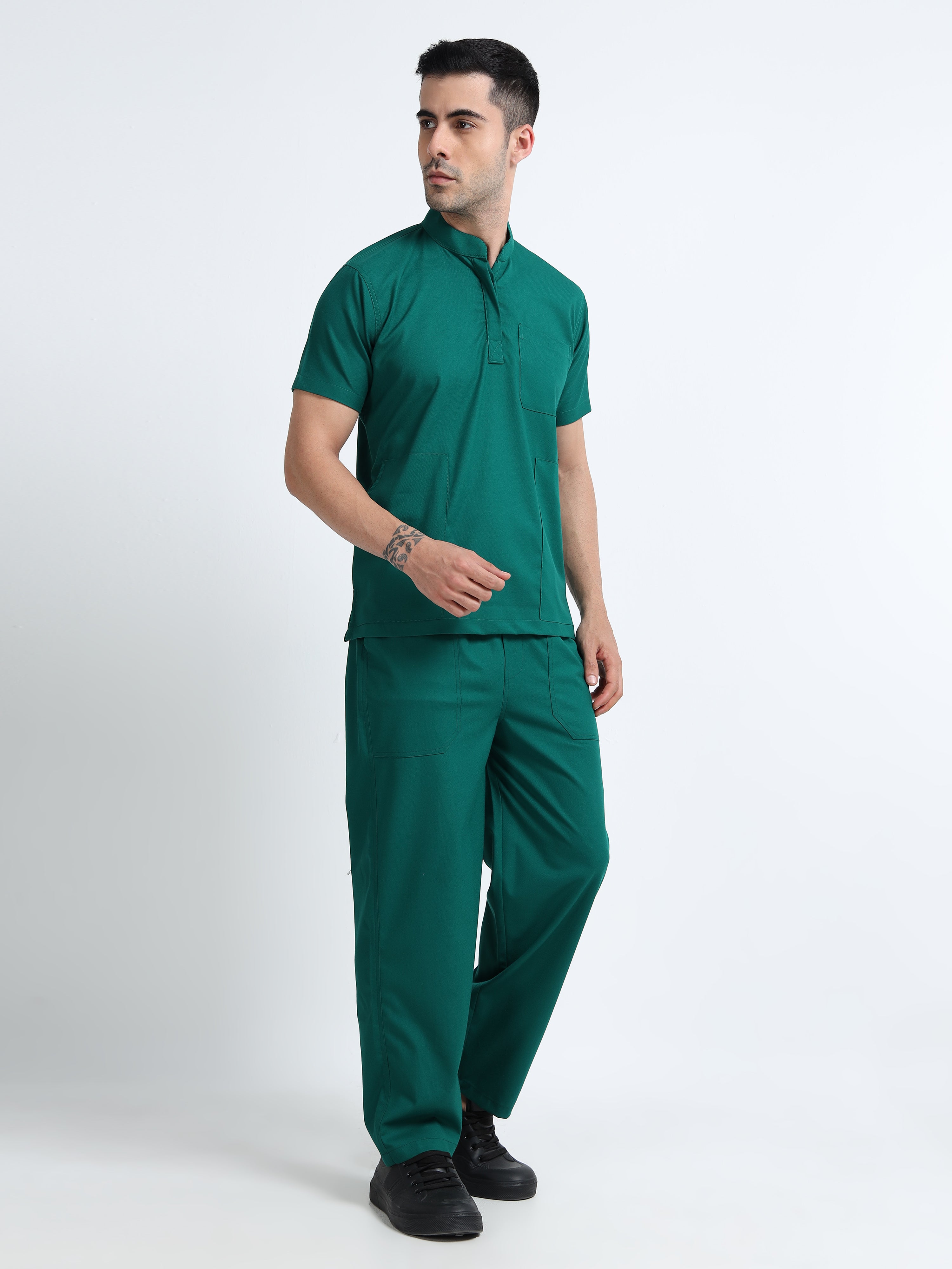 Men’s Forest Green Medical Scrub Set – Mandarin Collar (Chinese Collar) Top & Straight Pants | 2-Way Stretch, Antibacterial & Wrinkle-Resistant – Apollo