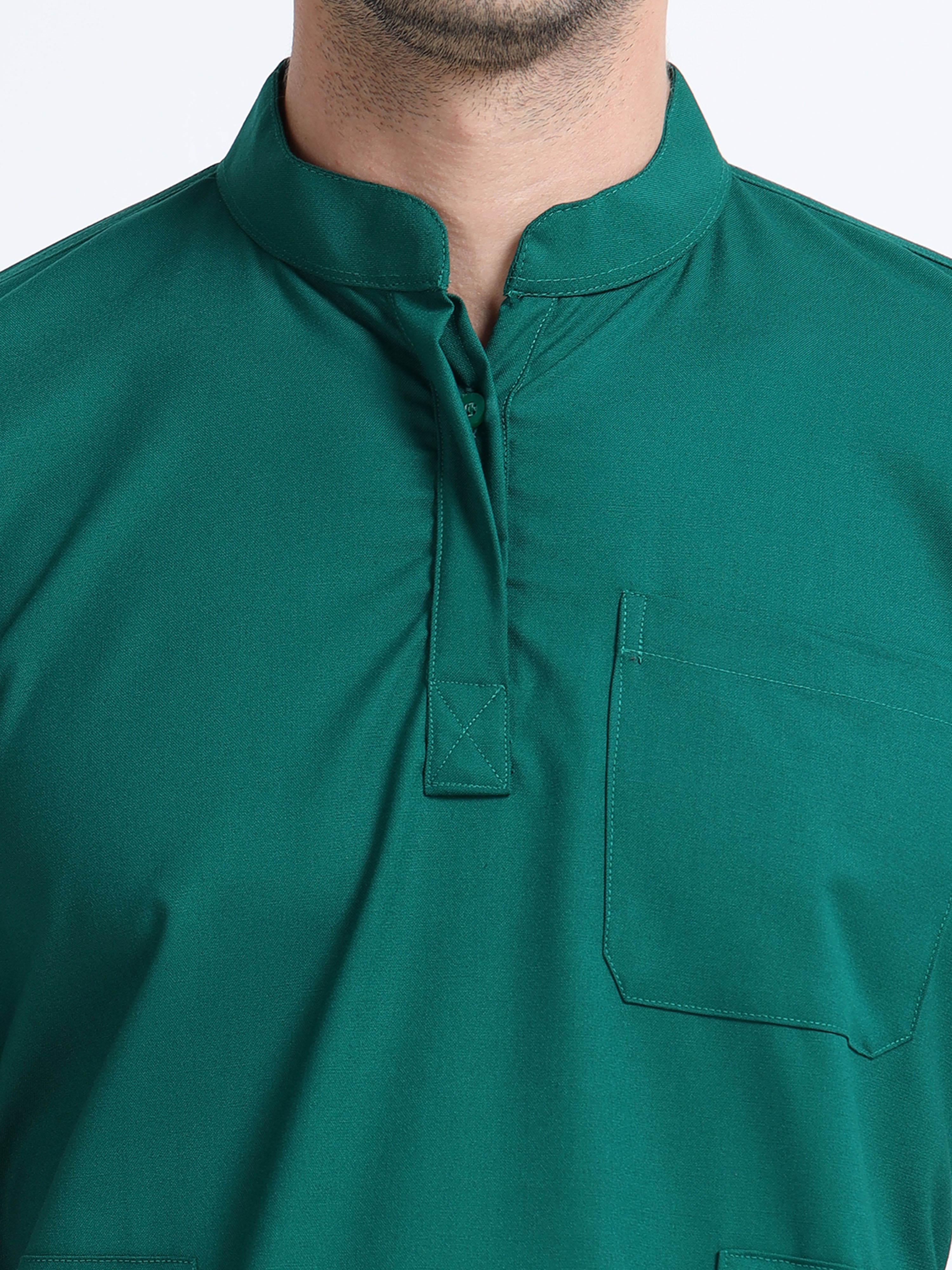 Men’s Forest Green Medical Scrub Set – Mandarin Collar (Chinese Collar) Top & Straight Pants | 2-Way Stretch, Antibacterial & Wrinkle-Resistant – Apollo