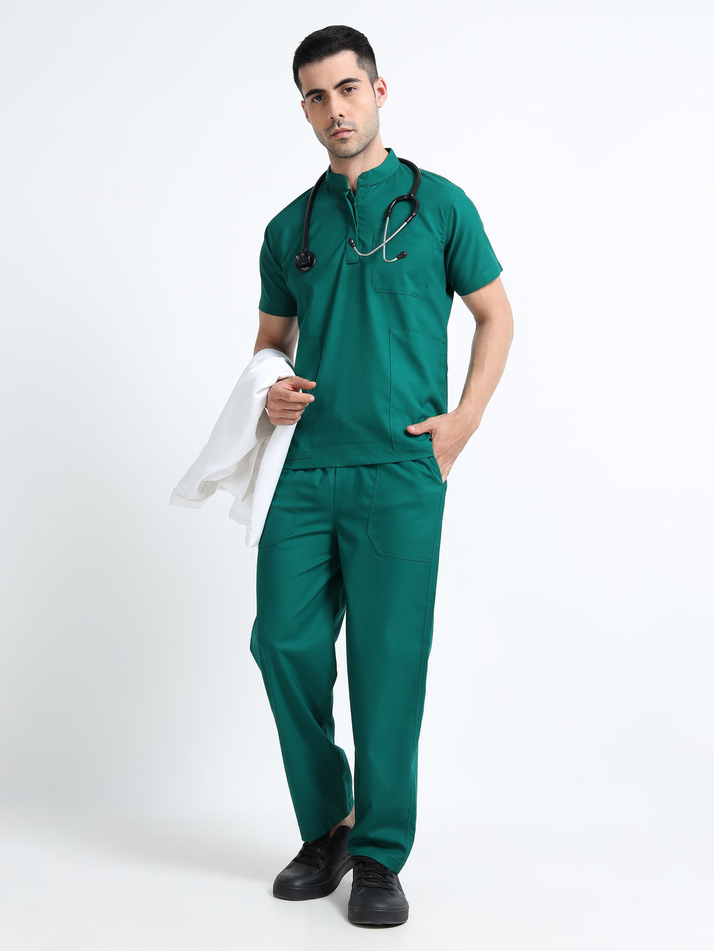 Men’s Forest Green Medical Scrub Set – Mandarin Collar (Chinese Collar) Top & Straight Pants | 2-Way Stretch, Antibacterial & Wrinkle-Resistant – Apollo