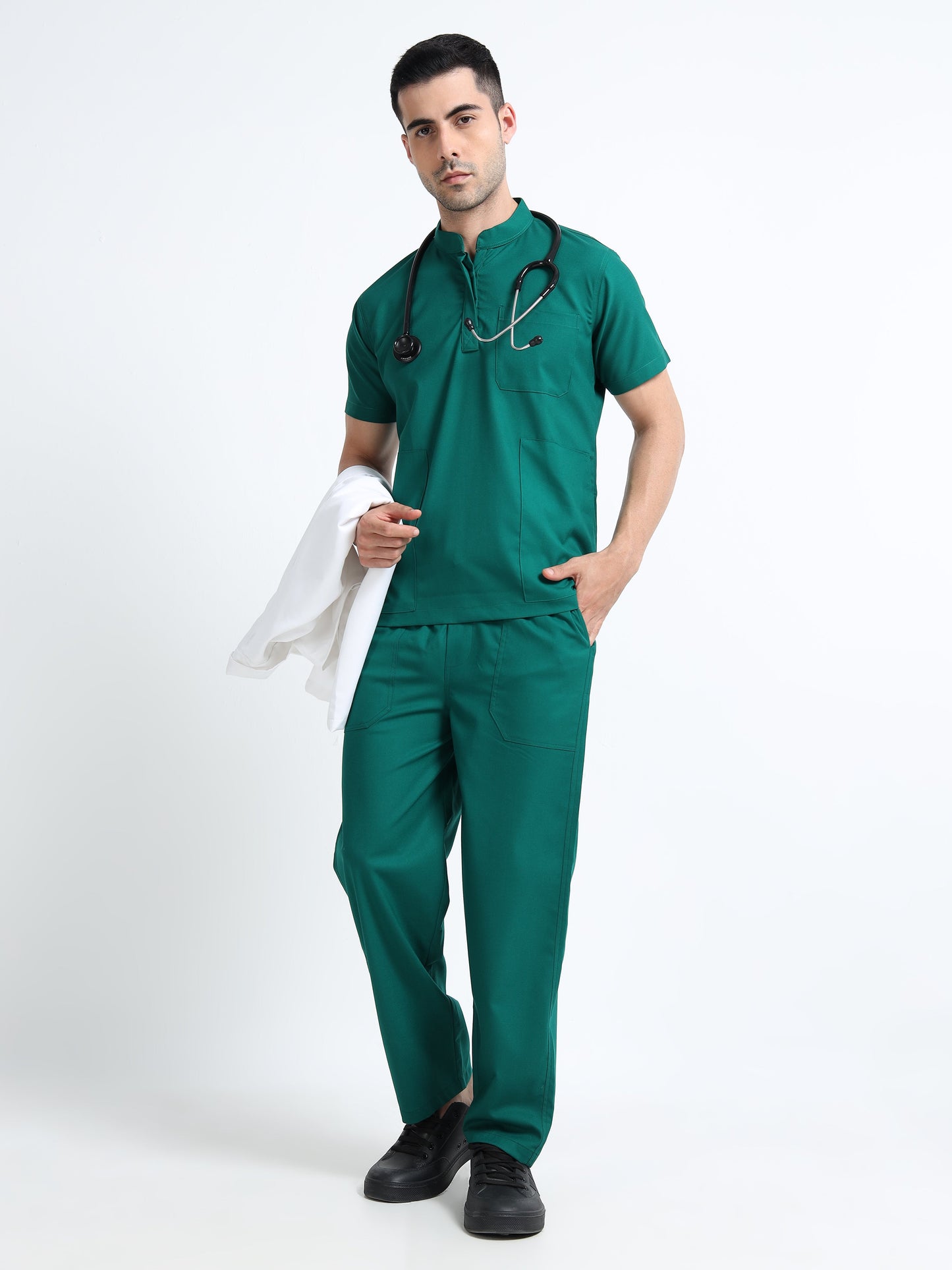 Men’s Forest Green Medical Scrub Set – Mandarin Collar (Chinese Collar) Top & Straight Pants | 2-Way Stretch, Antibacterial & Wrinkle-Resistant – Apollo