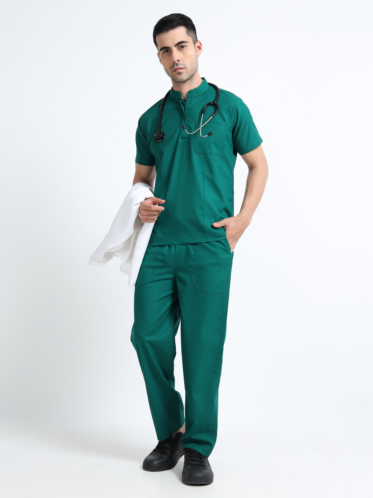 Men’s Forest Green Medical Scrub Set – Mandarin Collar (Chinese Collar) Top & Straight Pants | 2-Way Stretch, Antibacterial & Wrinkle-Resistant – Apollo