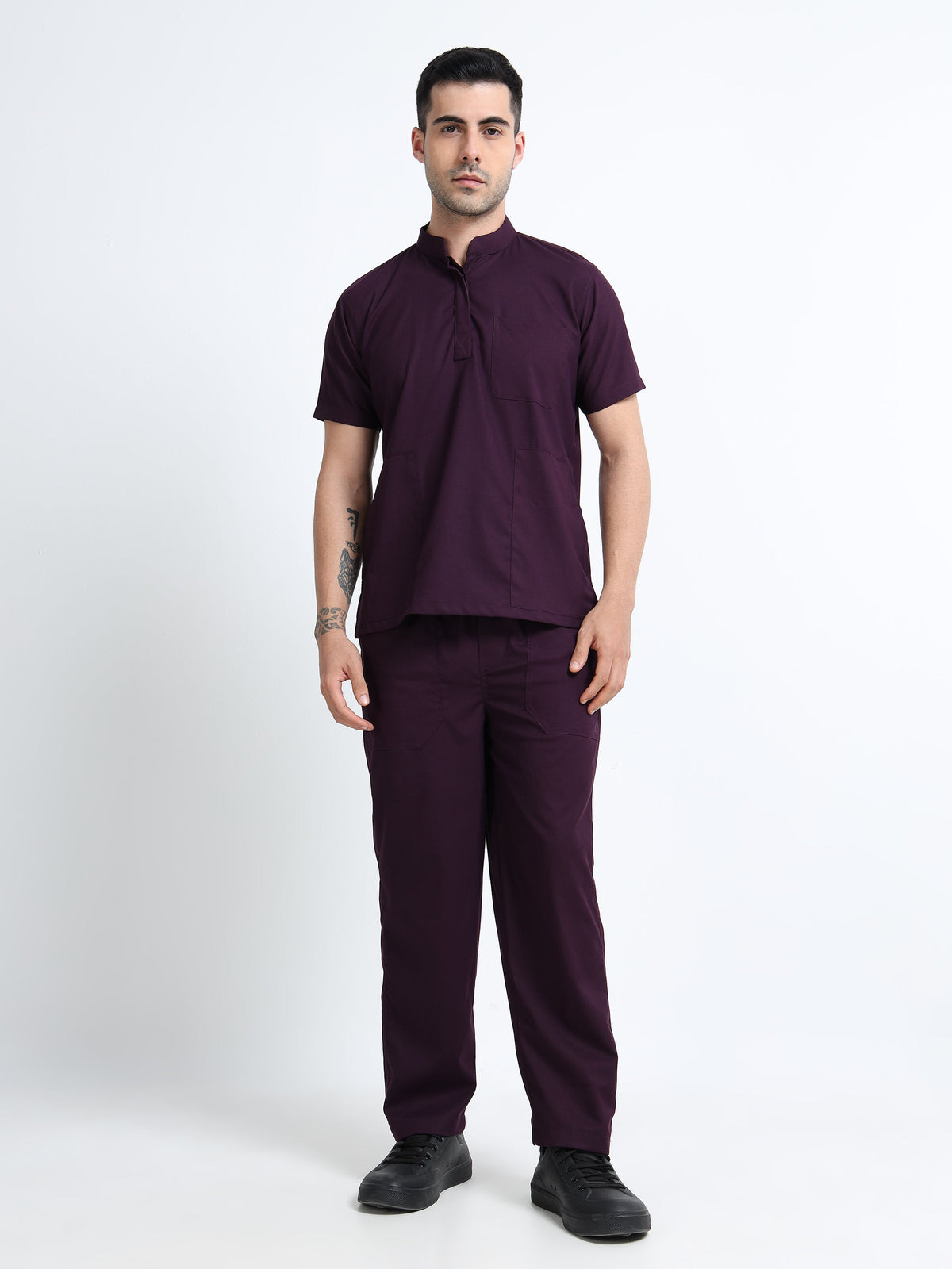 Men’s Wine Medical Scrub Set – Mandarin Collar (Chinese Collar) Top & Straight Pants | Wrinkle-Resistant – Eco Flex