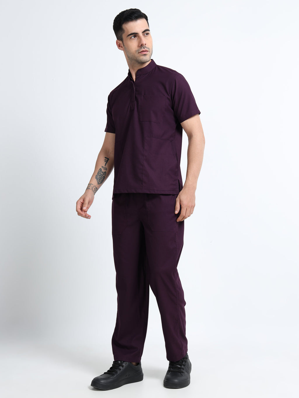 Men’s Wine Medical Scrub Set – Mandarin Collar (Chinese Collar) Top & Straight Pants | 2-Way Stretch, Antibacterial & Wrinkle-Resistant – Apollo