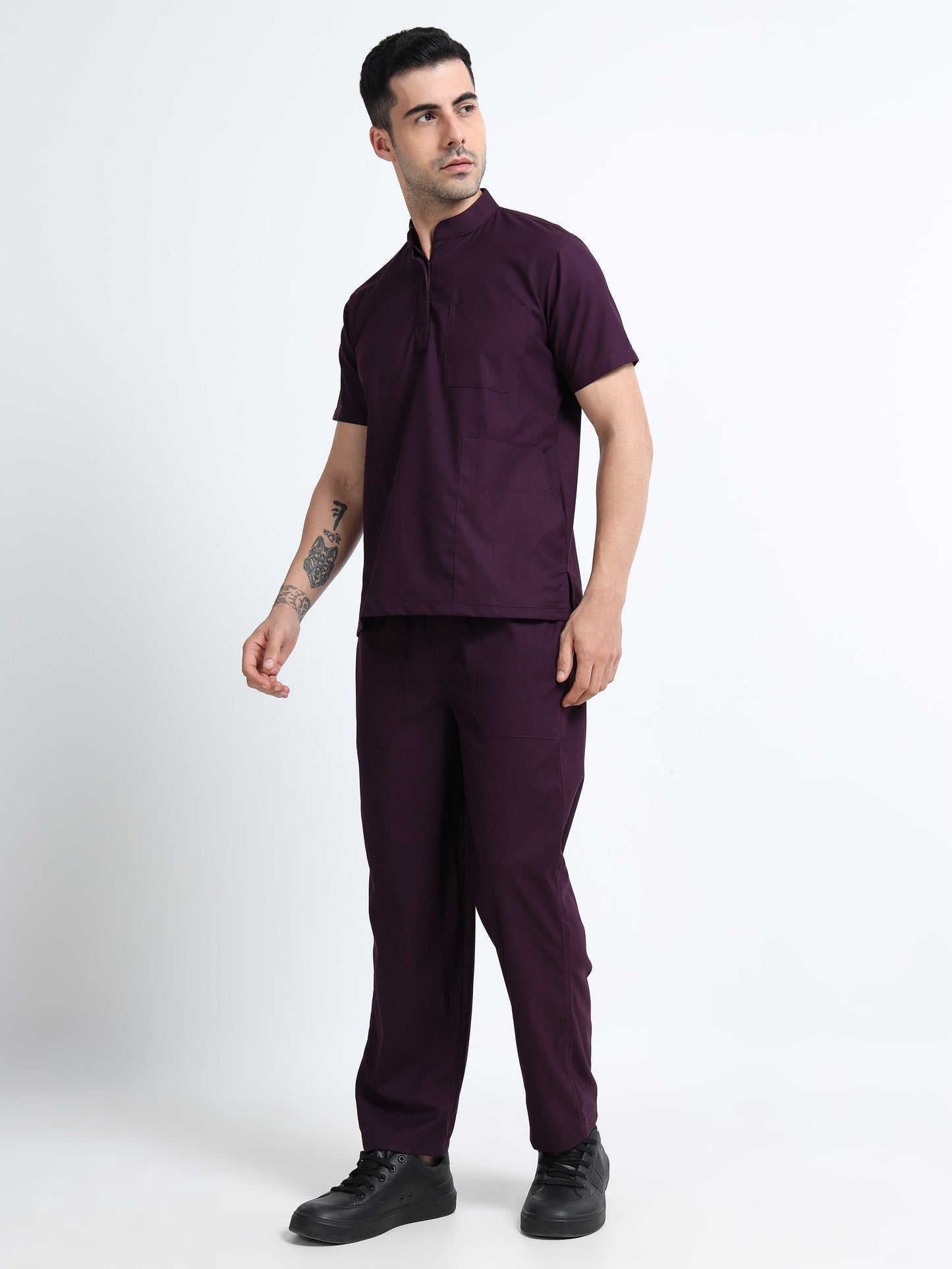 Men’s Wine Medical Scrub Set – Mandarin Collar (Chinese Collar) Top & Straight Pants | 2-Way Stretch, Antibacterial & Wrinkle-Resistant – Apollo