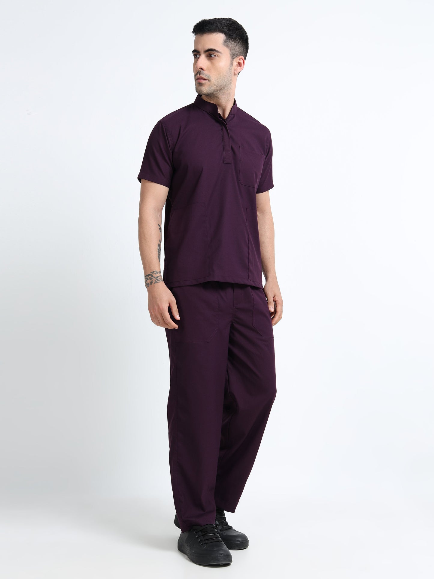 Men’s Wine Medical Scrub Set – Mandarin Collar (Chinese Collar) Top & Straight Pants | 2-Way Stretch, Antibacterial & Wrinkle-Resistant – Apollo