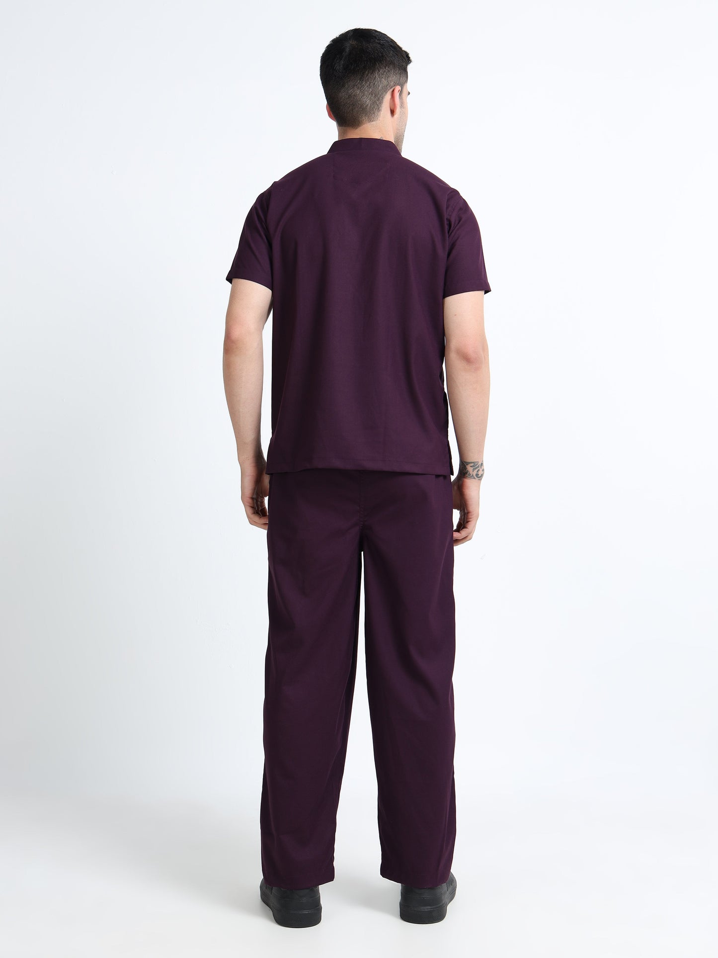 Men’s Wine Medical Scrub Set – Mandarin Collar (Chinese Collar) Top & Straight Pants | 2-Way Stretch, Antibacterial & Wrinkle-Resistant – Apollo