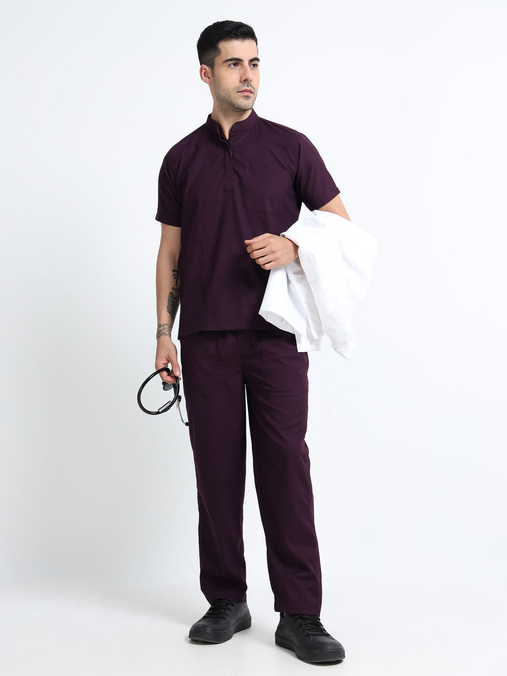 Men’s Wine Medical Scrub Set – Mandarin Collar (Chinese Collar) Top & Straight Pants | Wrinkle-Resistant – Eco Flex
