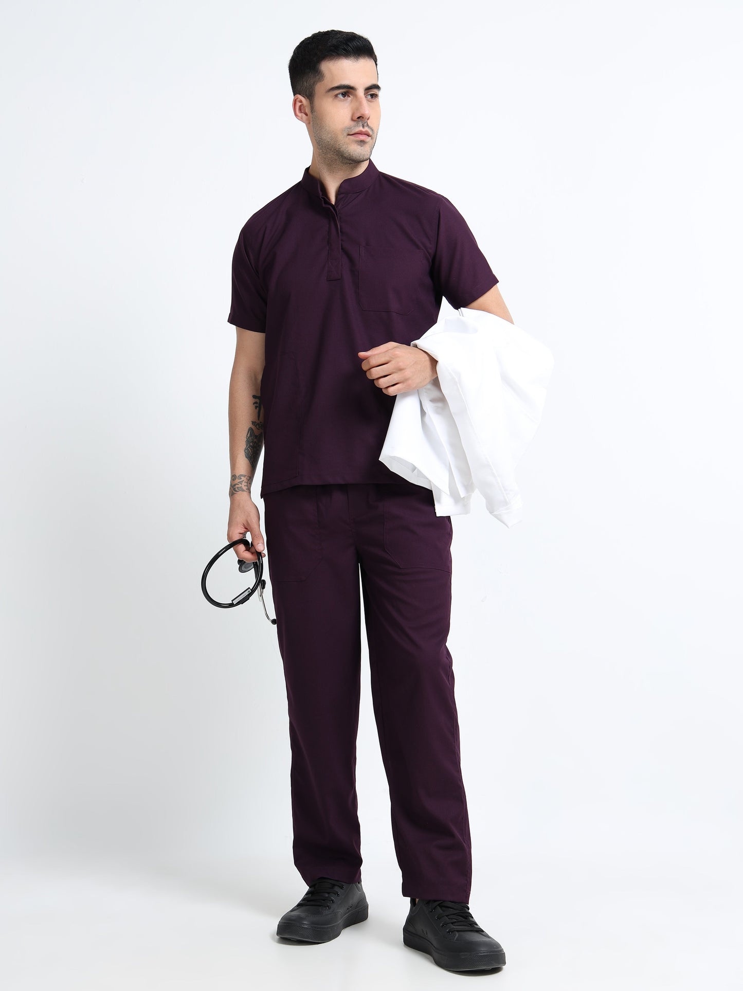 Men’s Wine Medical Scrub Set – Mandarin Collar (Chinese Collar) Top & Straight Pants | 2-Way Stretch, Antibacterial & Wrinkle-Resistant – Apollo