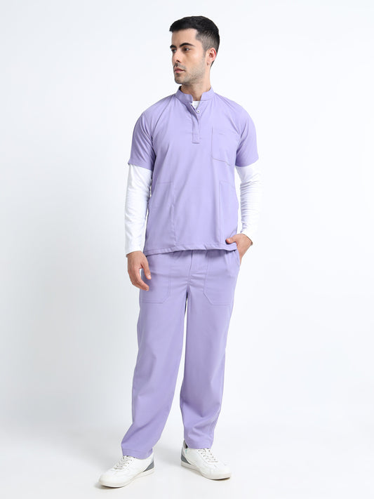 Men’s Pastel Lilac Medical Scrub Set – Mandarin Collar (Chinese Collar) Top & Straight Pants | 2-Way Stretch, Antibacterial & Wrinkle-Resistant – Apollo