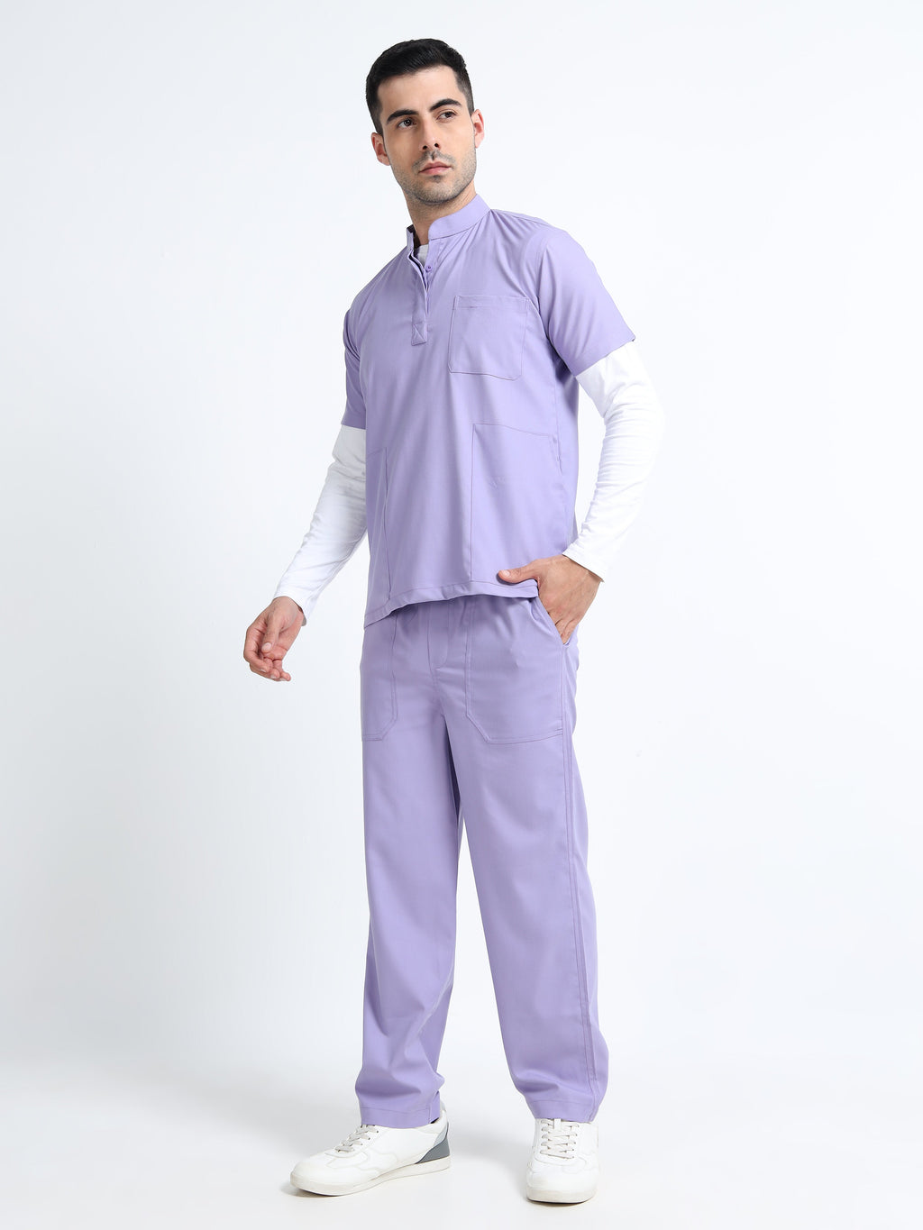 Men’s Pastel Lilac Medical Scrub Set – Mandarin Collar (Chinese Collar) Top & Straight Pants | 2-Way Stretch, Antibacterial & Wrinkle-Resistant – Apollo