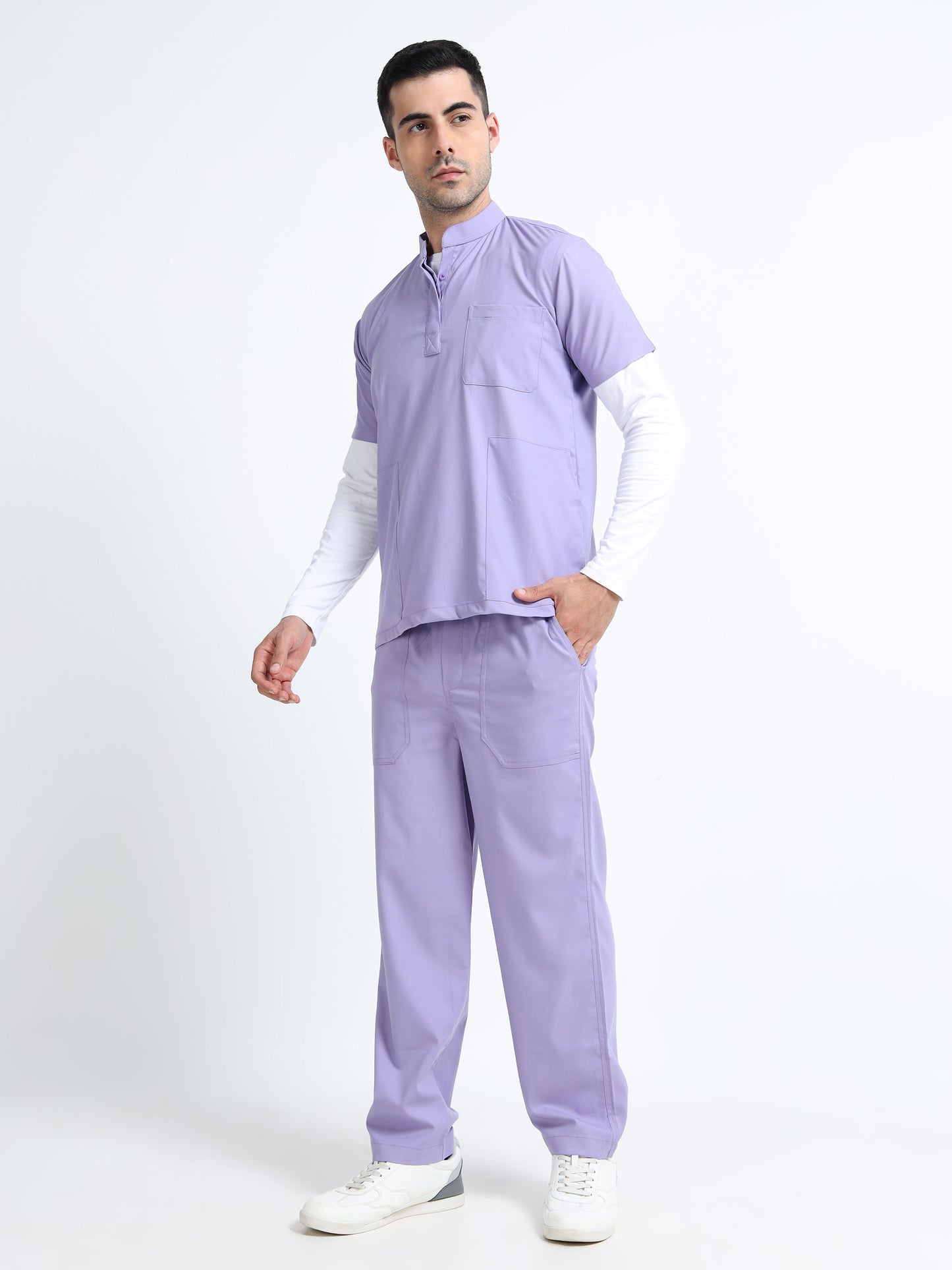 Men’s Pastel Lilac Medical Scrub Set – Mandarin Collar (Chinese Collar) Top & Straight Pants | 2-Way Stretch, Antibacterial & Wrinkle-Resistant – Apollo