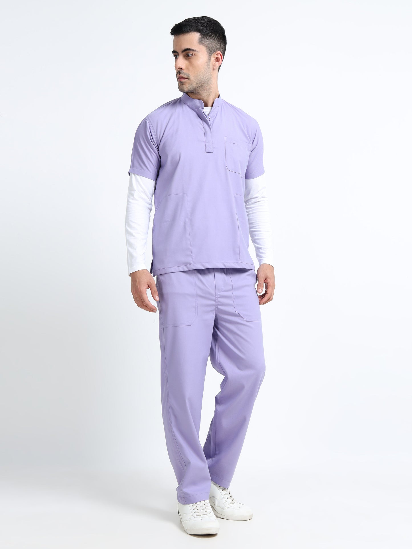 Men’s Pastel Lilac Medical Scrub Set – Mandarin Collar (Chinese Collar) Top & Straight Pants | 2-Way Stretch, Antibacterial & Wrinkle-Resistant – Apollo