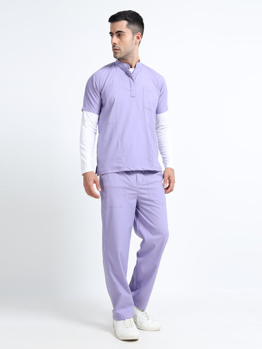 Men’s Pastel Lilac Medical Scrub Set – Mandarin Collar (Chinese Collar) Top & Straight Pants | 2-Way Stretch, Antibacterial & Wrinkle-Resistant – Apollo