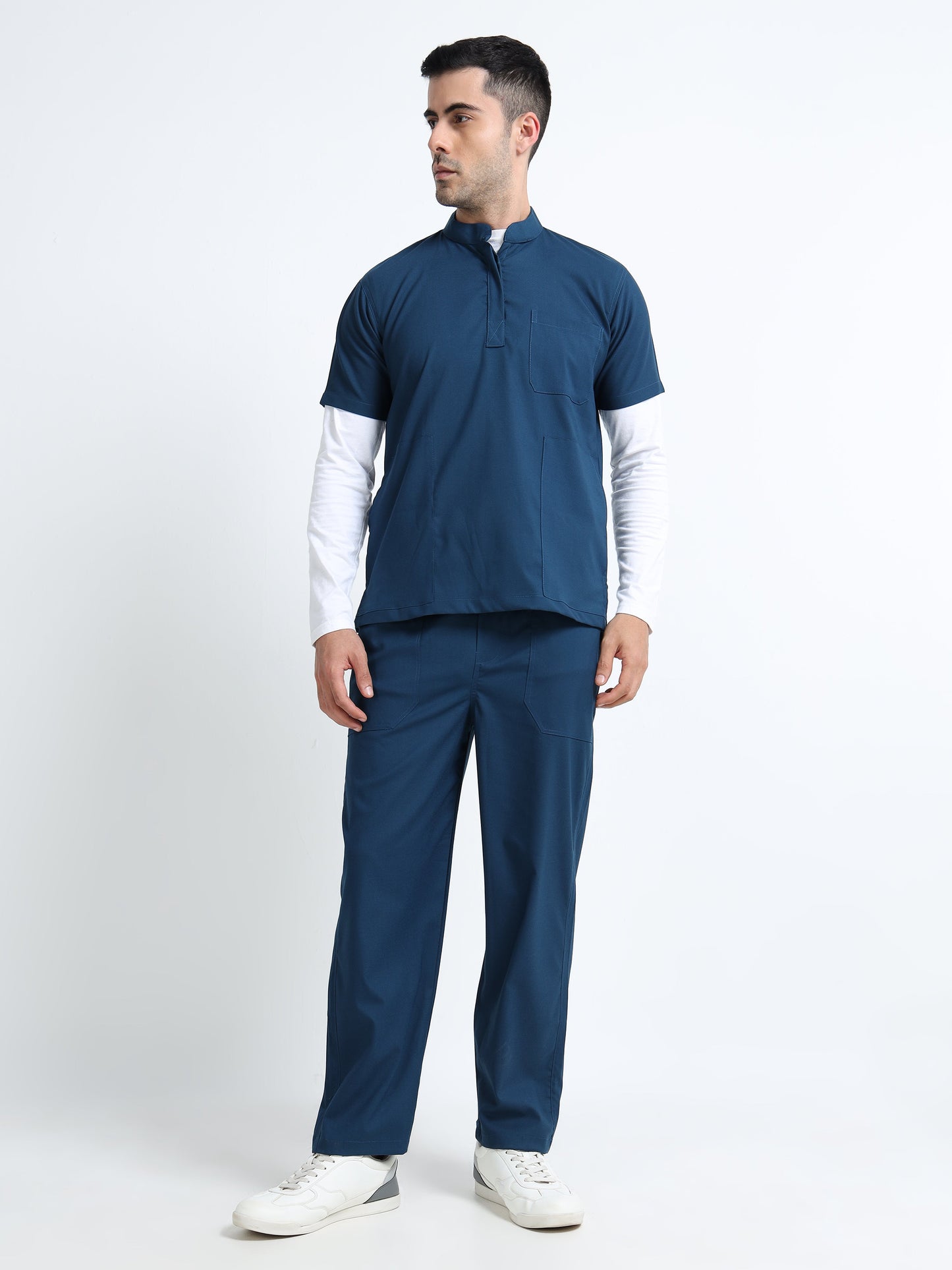 Men’s Galaxy Blue Medical Scrub Set – Mandarin Collar (Chinese Collar) Top & Straight Pants | 2-Way Stretch, Antibacterial & Wrinkle-Resistant – Apollo