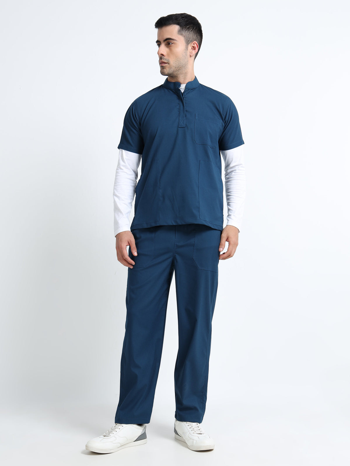 Men’s Galaxy Blue Medical Scrub Set – Mandarin Collar (Chinese Collar) Top & Straight Pants | 2-Way Stretch, Antibacterial & Wrinkle-Resistant – Apollo