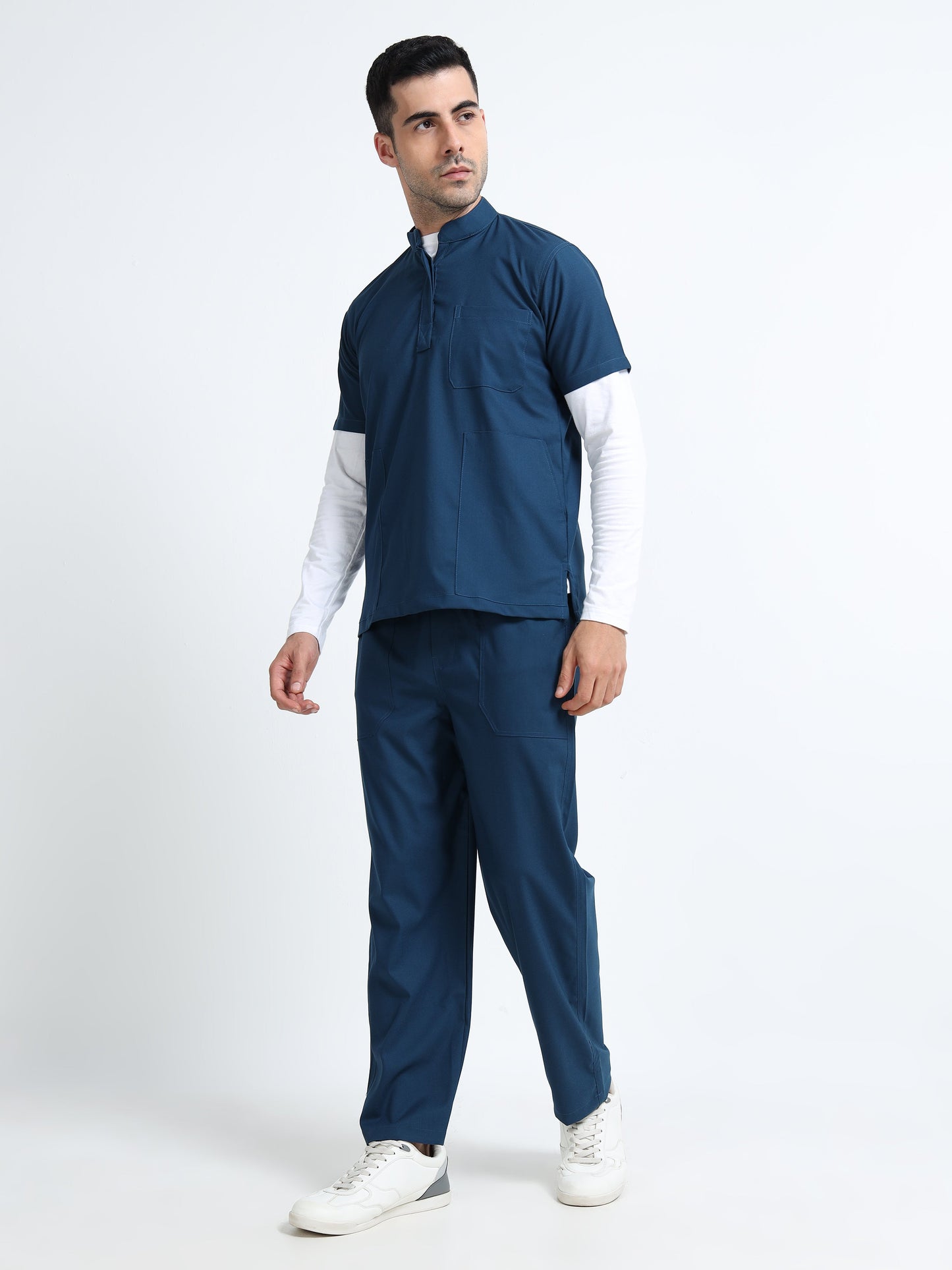 Men’s Galaxy Blue Medical Scrub Set – Mandarin Collar (Chinese Collar) Top & Straight Pants | Wrinkle-Resistant – Eco Flex