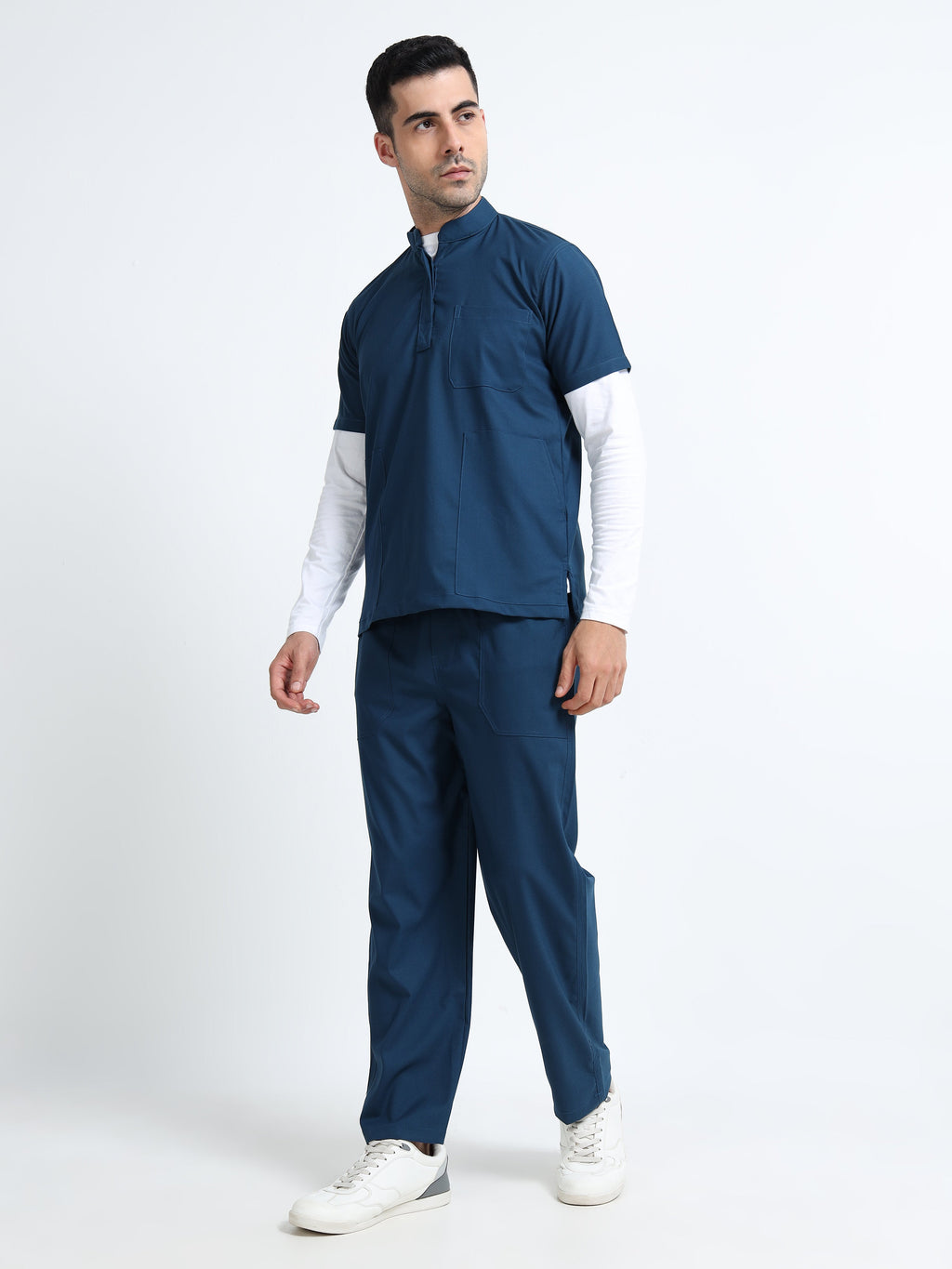 Men’s Galaxy Blue Medical Scrub Set – Mandarin Collar (Chinese Collar) Top & Straight Pants | Wrinkle-Resistant – Eco Flex