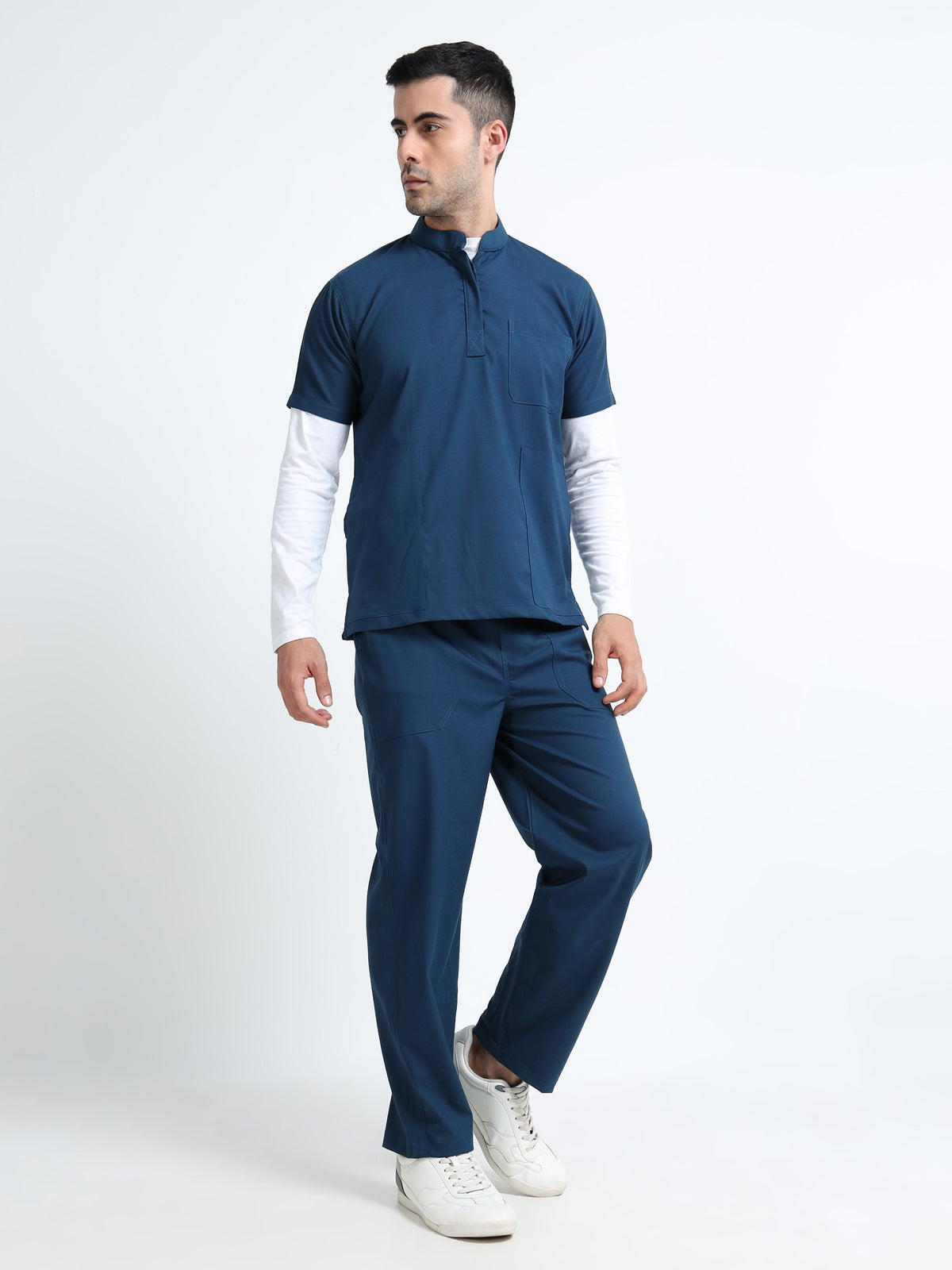 Men’s Galaxy Blue Medical Scrub Set – Mandarin Collar (Chinese Collar) Top & Straight Pants | 2-Way Stretch, Antibacterial & Wrinkle-Resistant – Apollo