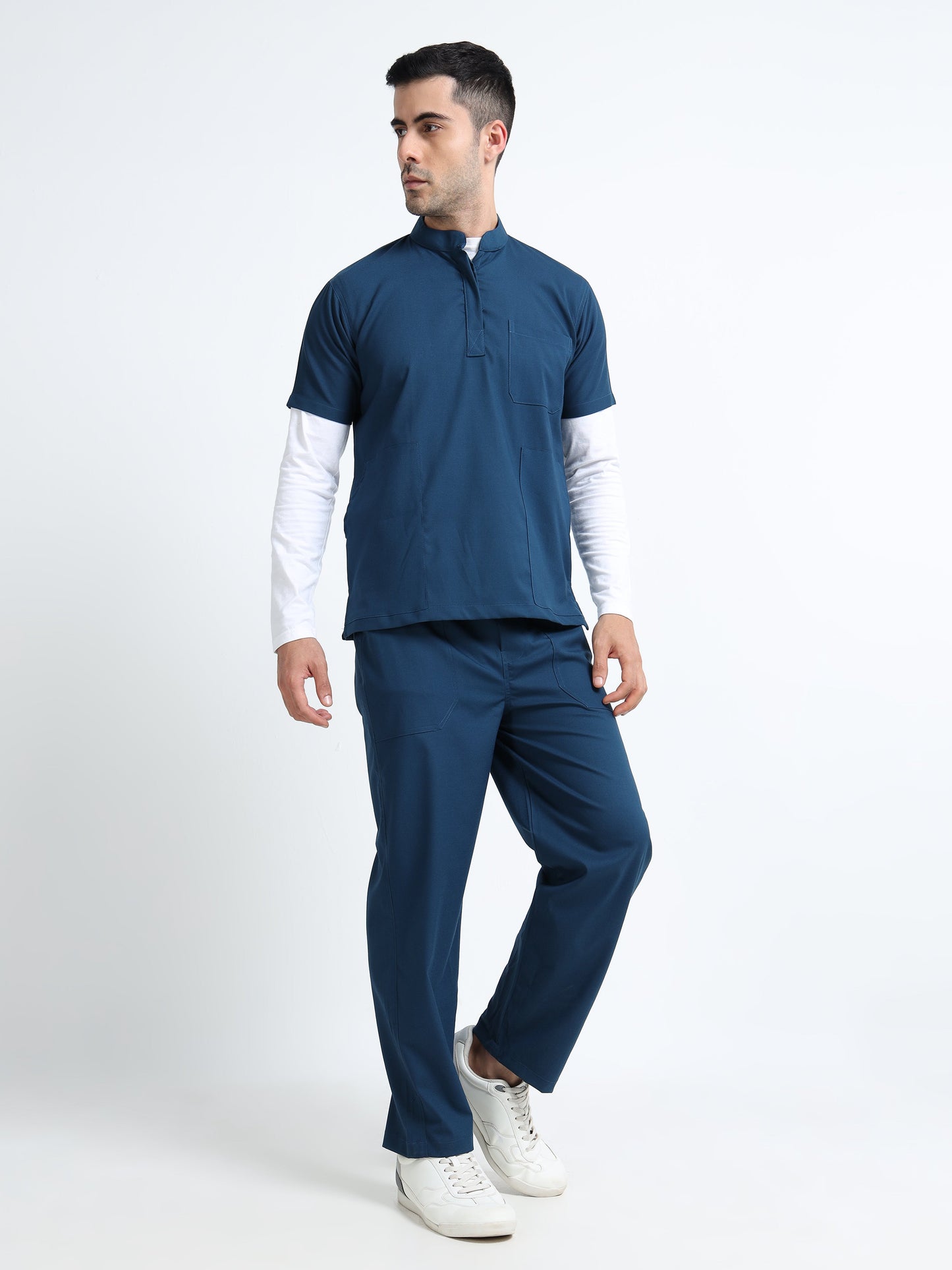 Men’s Galaxy Blue Medical Scrub Set – Mandarin Collar (Chinese Collar) Top & Straight Pants | 2-Way Stretch, Antibacterial & Wrinkle-Resistant – Apollo