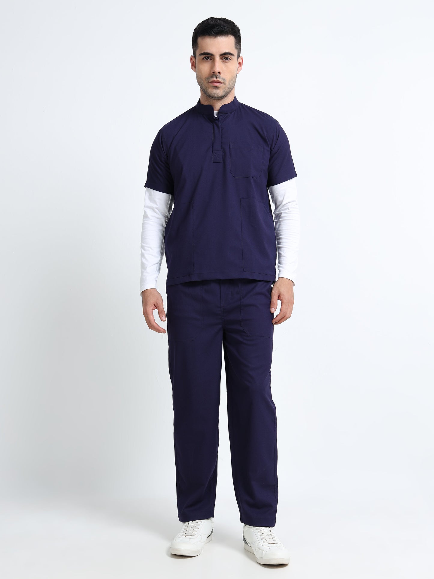 Men’s Navy Medical Scrub Set – Mandarin Collar (Chinese Collar) Top & Straight Pants | 2-Way Stretch, Antibacterial & Wrinkle-Resistant – Apollo