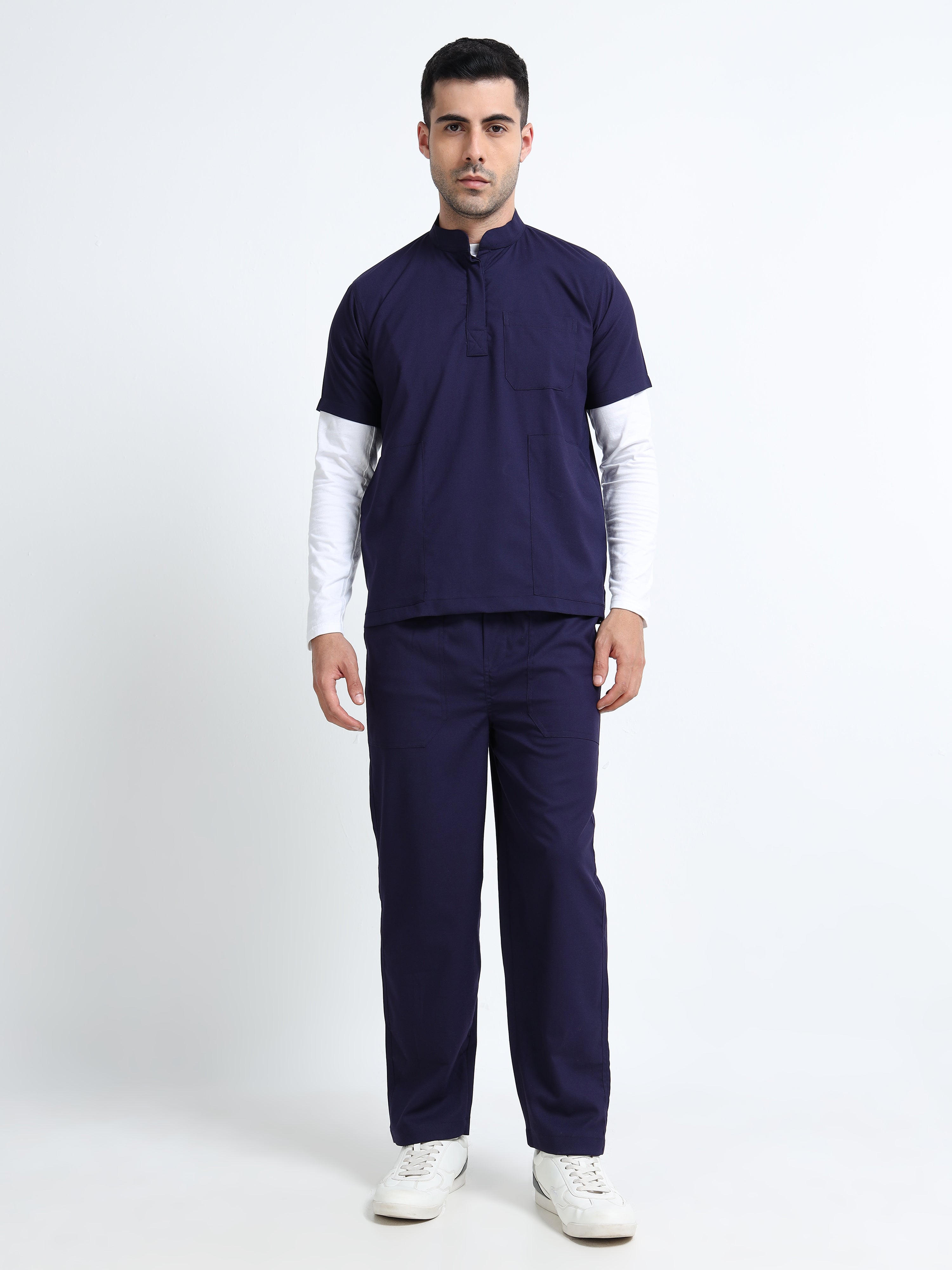 Men’s Navy Medical Scrub Set – Mandarin Collar (Chinese Collar) Top & Straight Pants | 2-Way Stretch, Antibacterial & Wrinkle-Resistant – Apollo