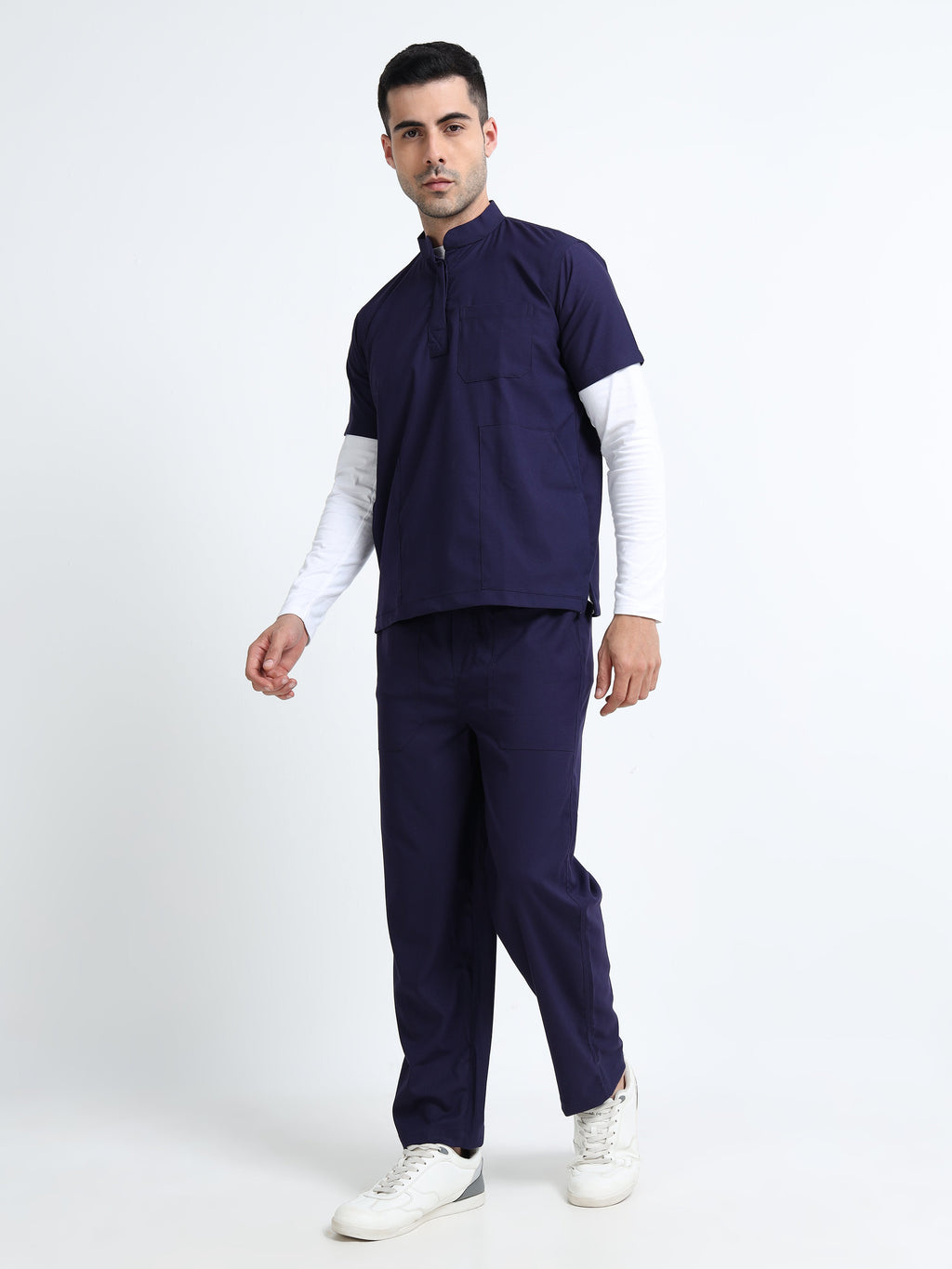 Men’s Navy Medical Scrub Set – Mandarin Collar (Chinese Collar) Top & Straight Pants | Wrinkle-Resistant – Eco Flex