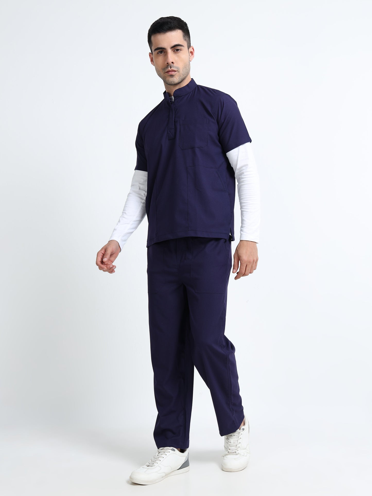 Men’s Navy Medical Scrub Set – Mandarin Collar (Chinese Collar) Top & Straight Pants | 2-Way Stretch, Antibacterial & Wrinkle-Resistant – Apollo