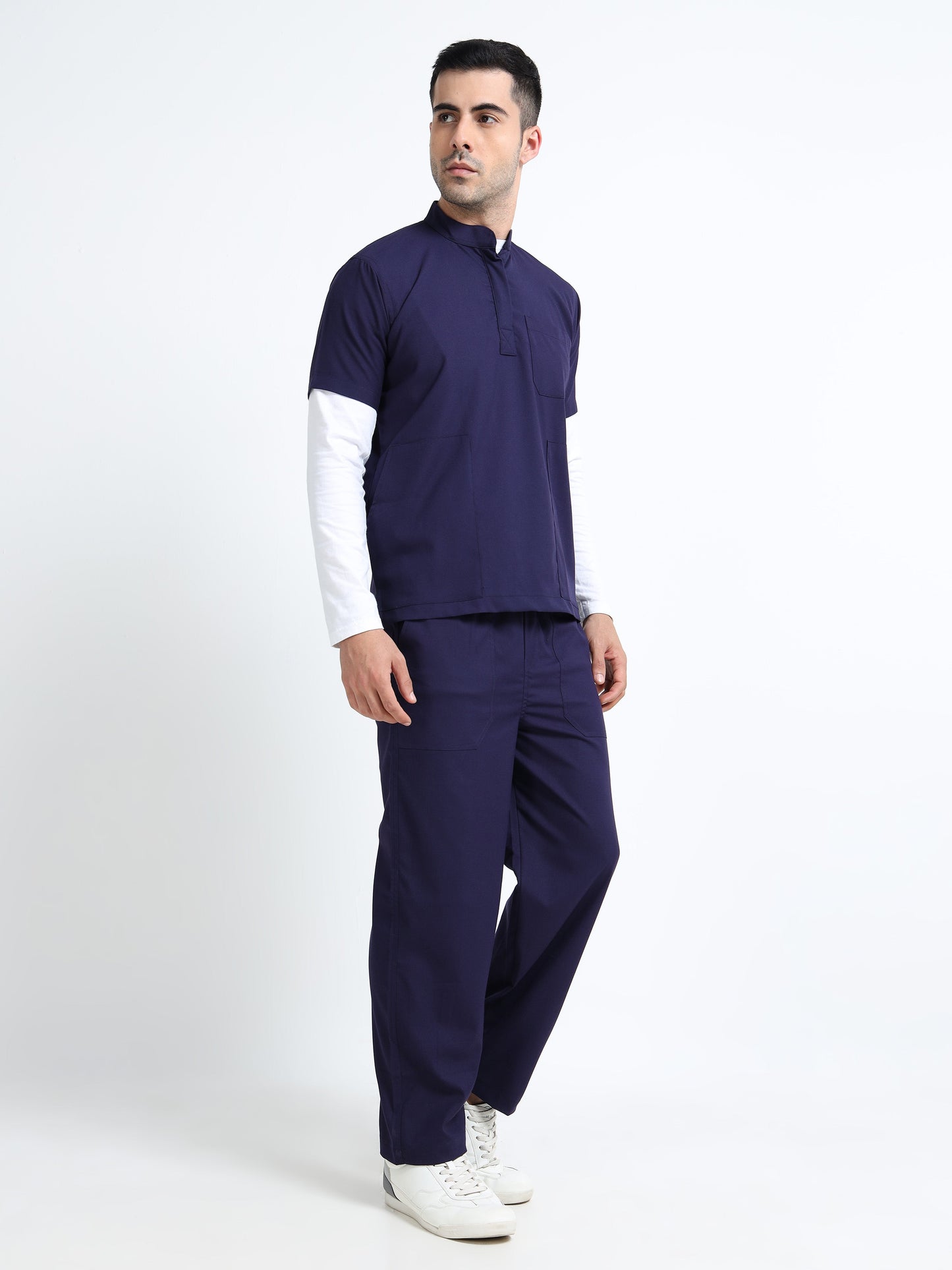 Men’s Navy Medical Scrub Set – Mandarin Collar (Chinese Collar) Top & Straight Pants | 2-Way Stretch, Antibacterial & Wrinkle-Resistant – Apollo